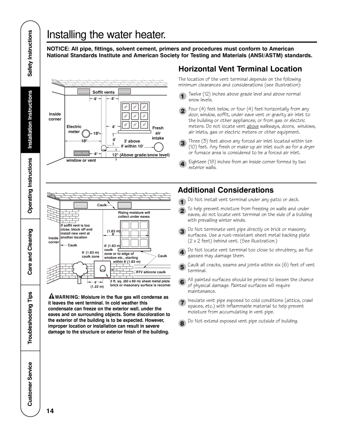 GE AP13787 Horizontal Vent Terminal Location, Additional Considerations, Operating, Care and Cleaning 