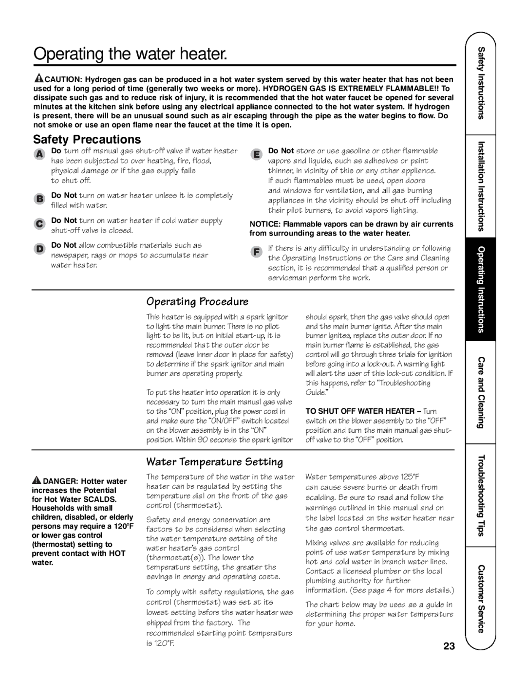 GE AP13787 Operating the water heater, Safety Precautions, Operating Procedure, Installation Instructions Operating 