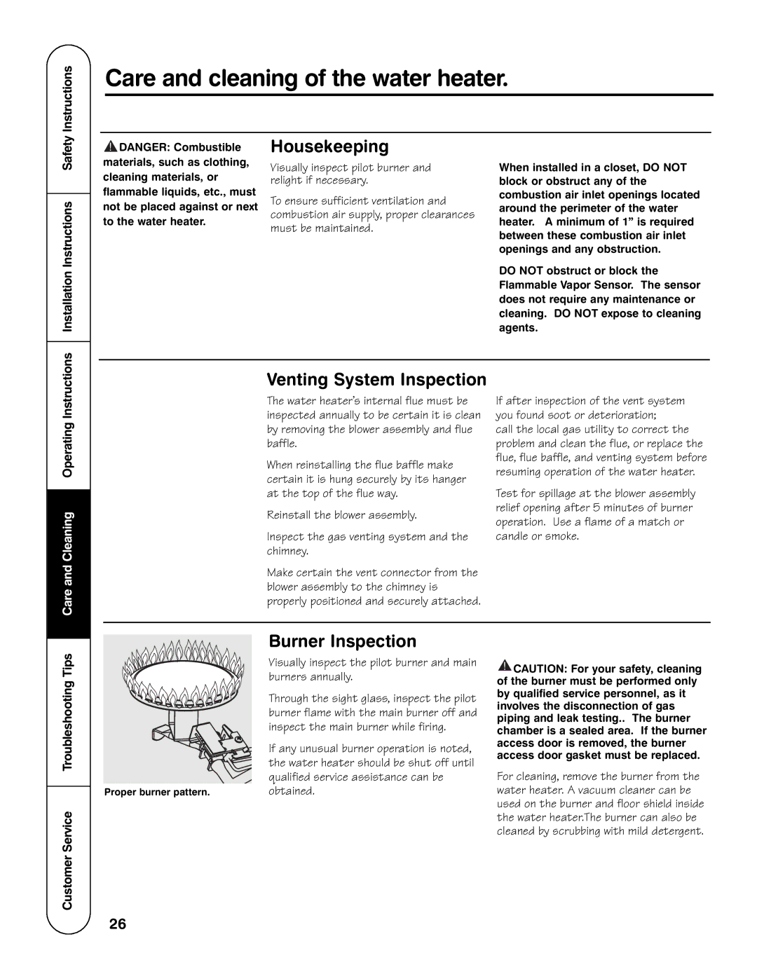 GE AP13787 Housekeeping, Venting System Inspection, Burner Inspection, Installation Instructions Safety 