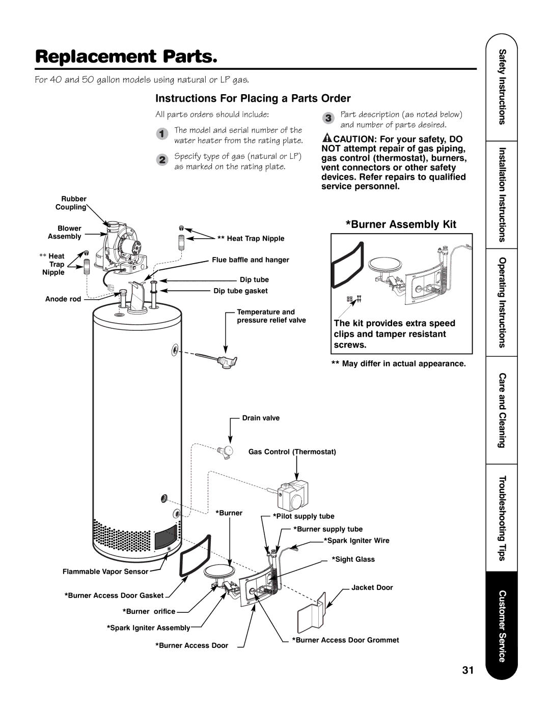 GE AP13787 installation instructions Replacement Parts, Instructions For Placing a Parts Order, Burner Assembly Kit 