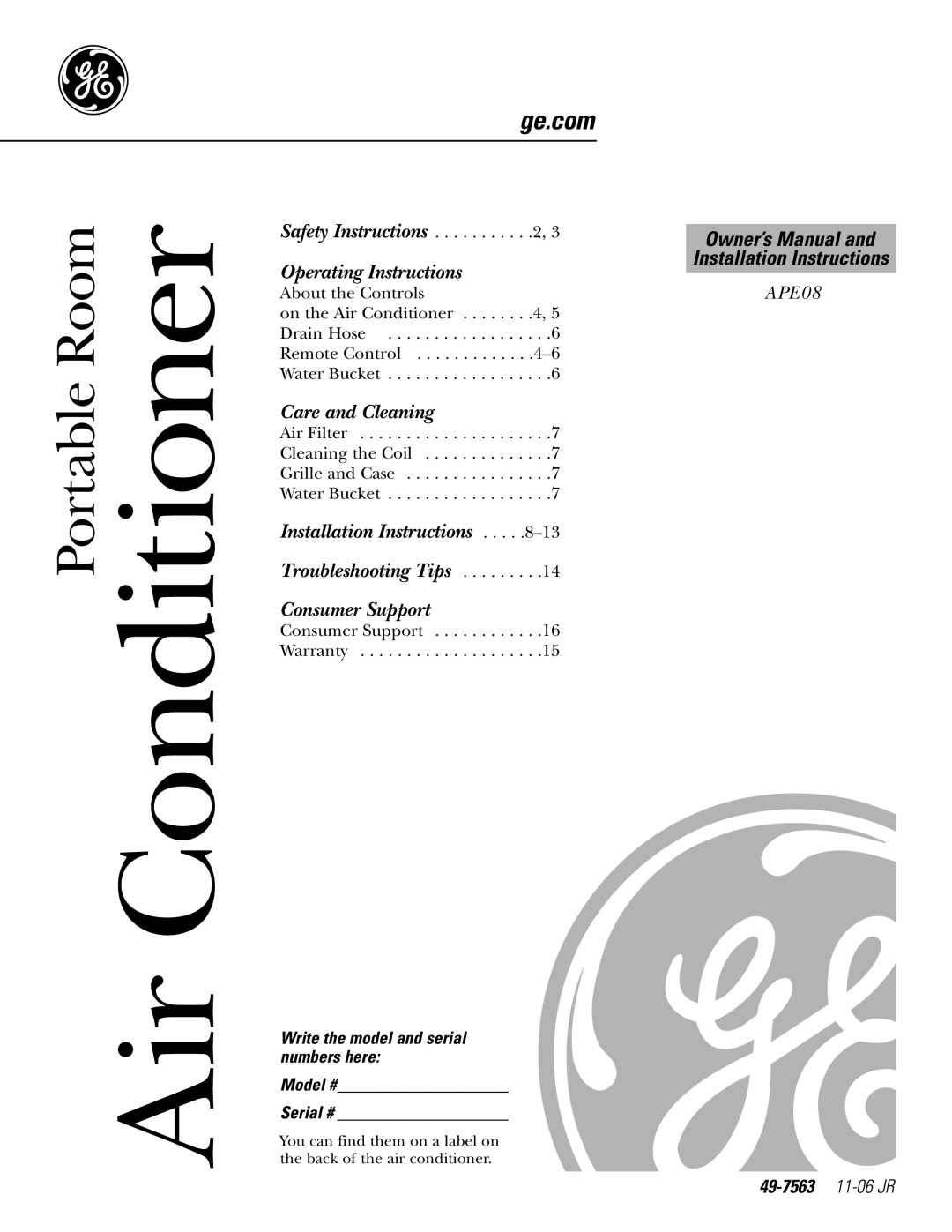 GE APE08 installation instructions 49-7563 11-06 JR, Write the model and serial numbers here Model # Serial # 