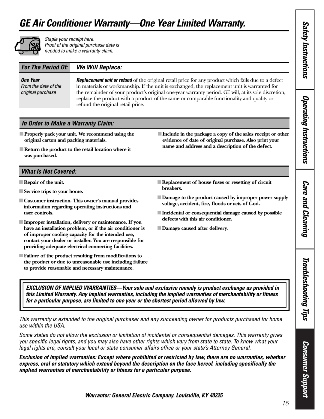 GE APE08 GE Air Conditioner Warranty-One Year Limited Warranty, Safety Instructions Operating Instructions 