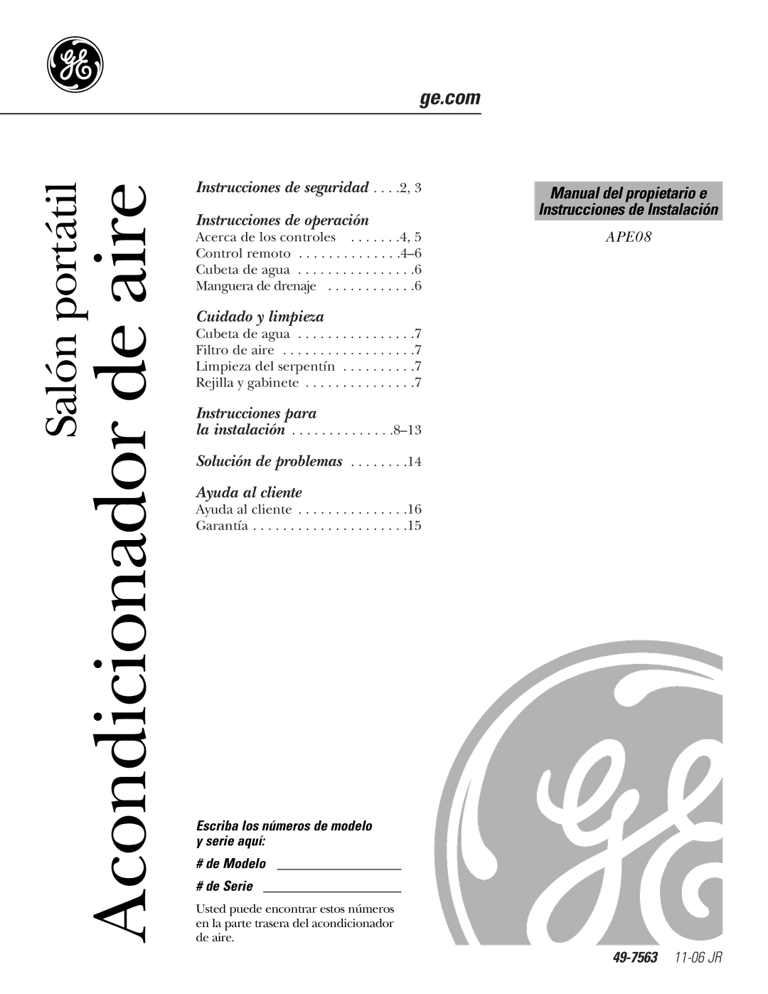 GE APE08 installation instructions Acondicionador de aire 