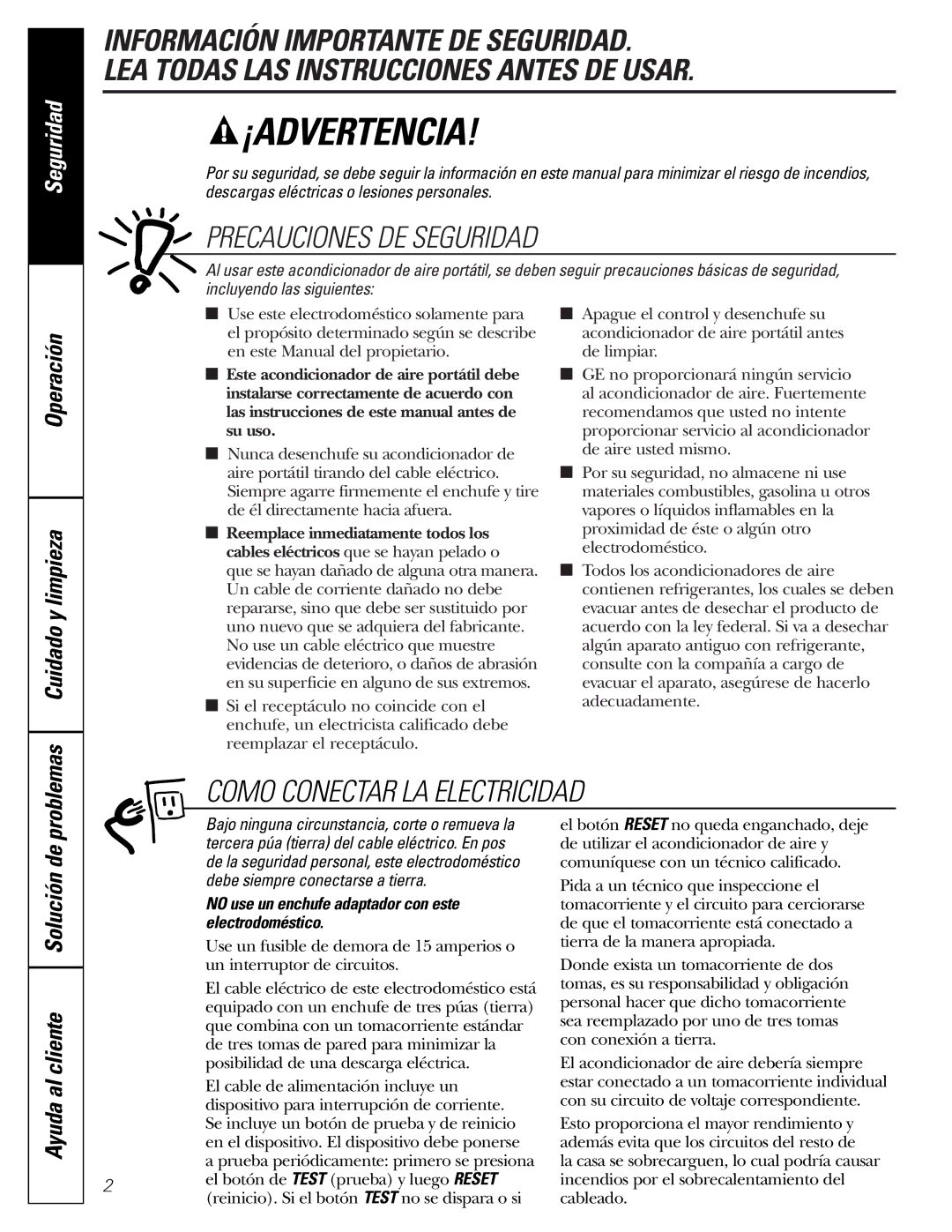 GE APE08 installation instructions Seguridad 