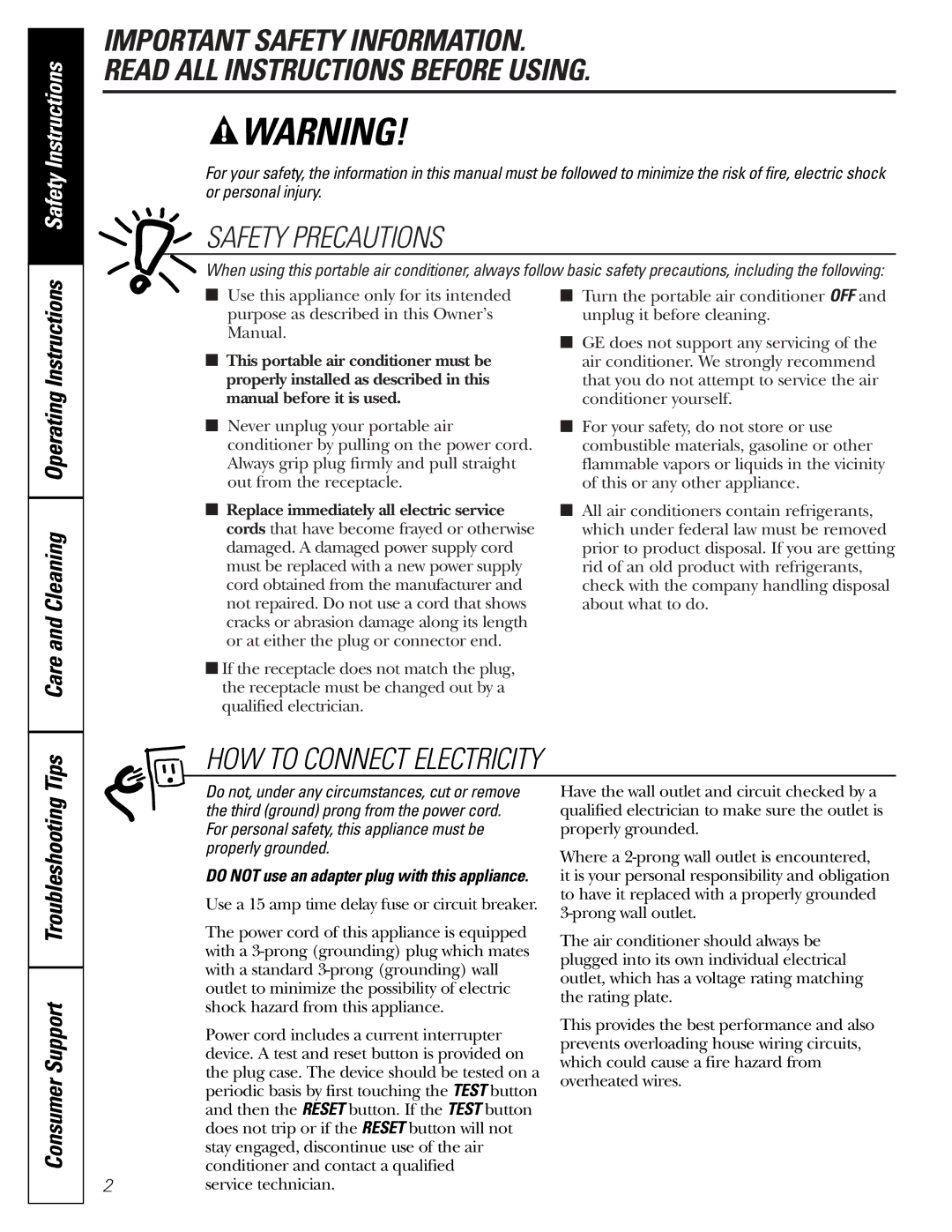 GE APE08 installation instructions Do not use an adapter plug with this appliance, Important Safety Information 