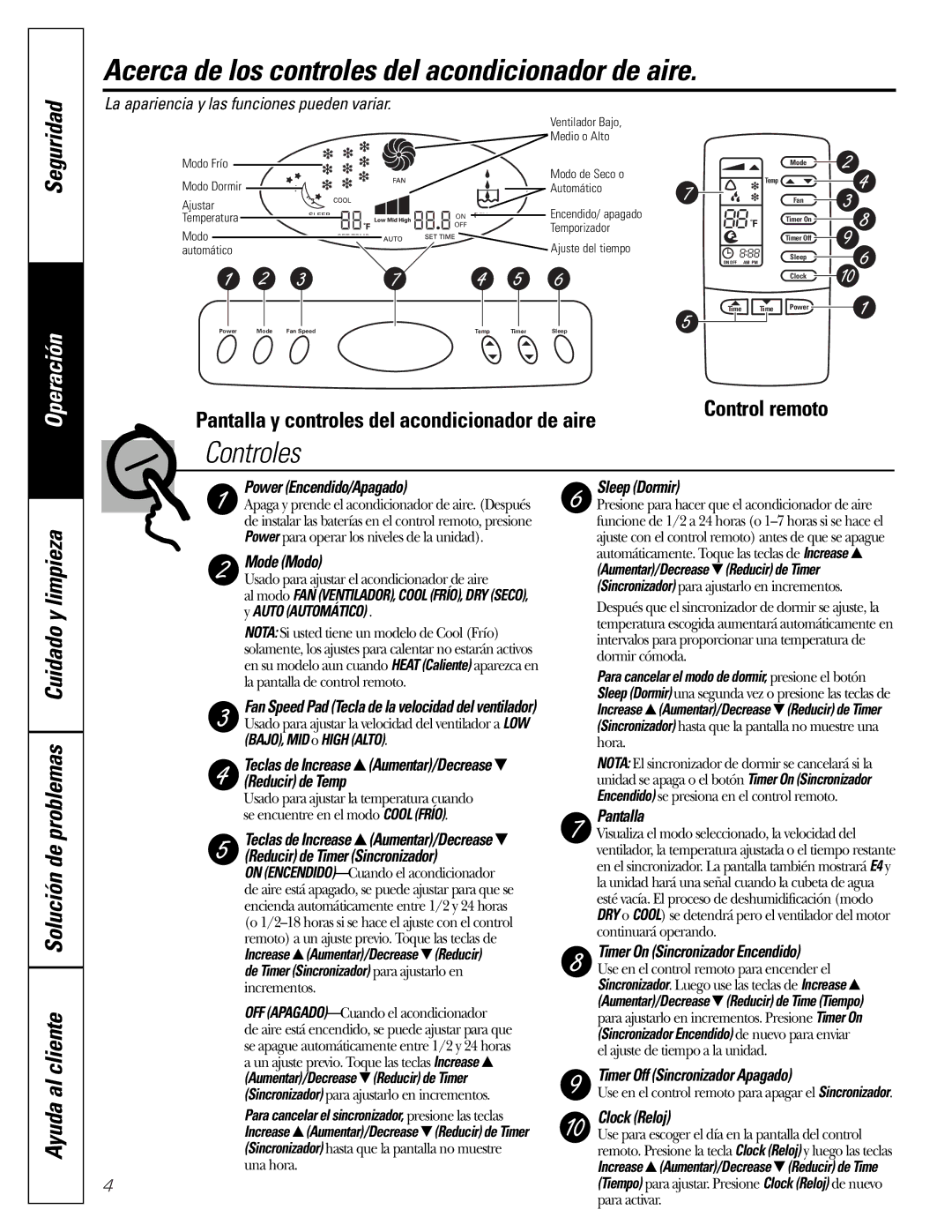 GE APE08 installation instructions Acerca de los controles del acondicionador de aire, Seguridad 