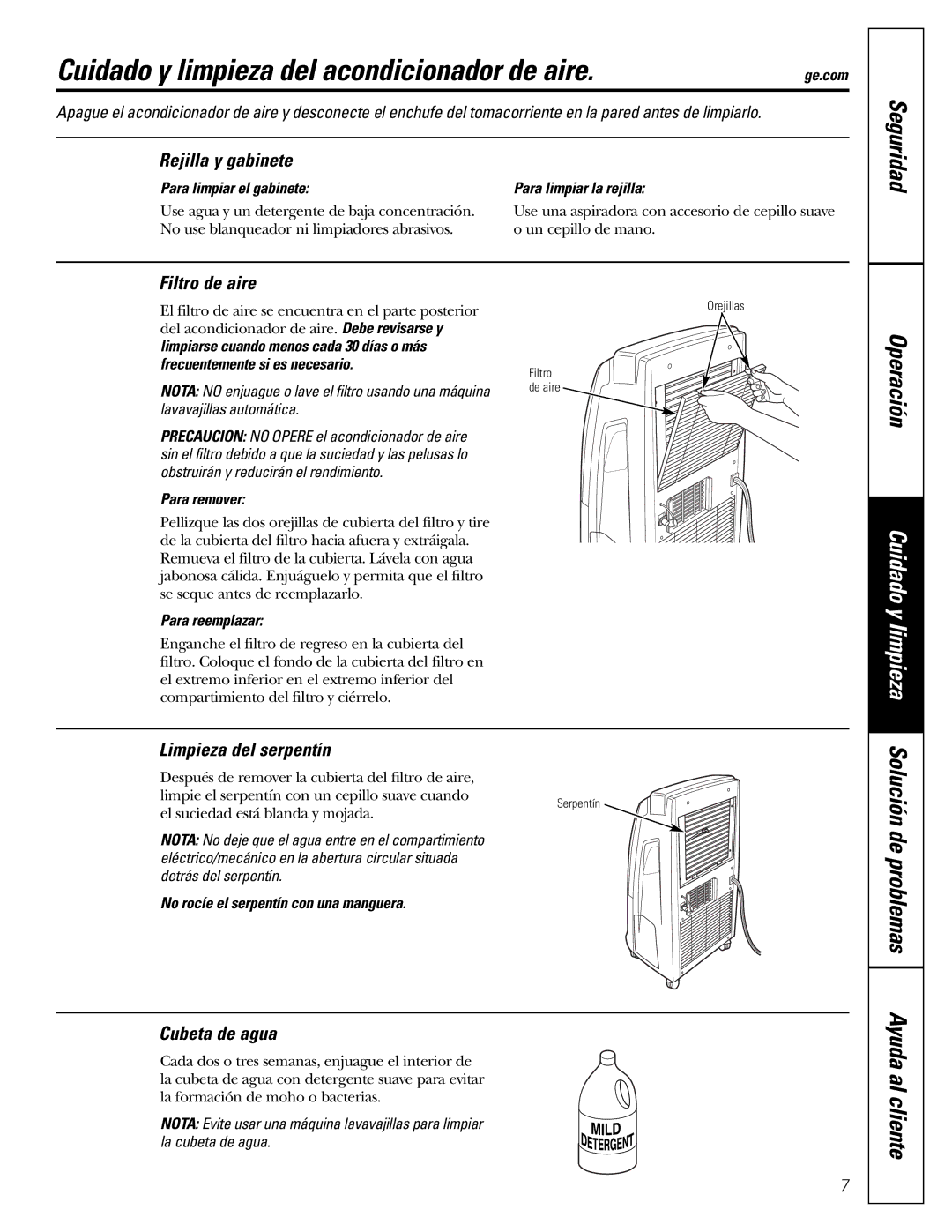 GE APE08 installation instructions Cuidado y limpieza del acondicionador de aire, Operación, De problemas Ayuda al cliente 