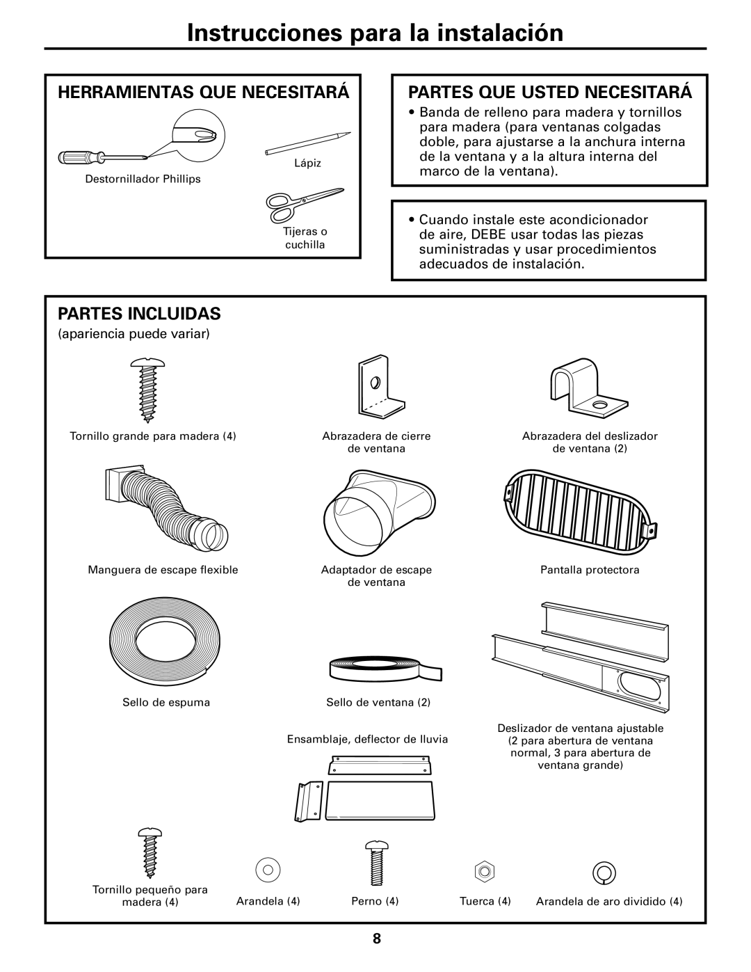 GE APE08 installation instructions Herramientas QUE Necesitará, Partes QUE Usted Necesitará, Partes Incluidas 