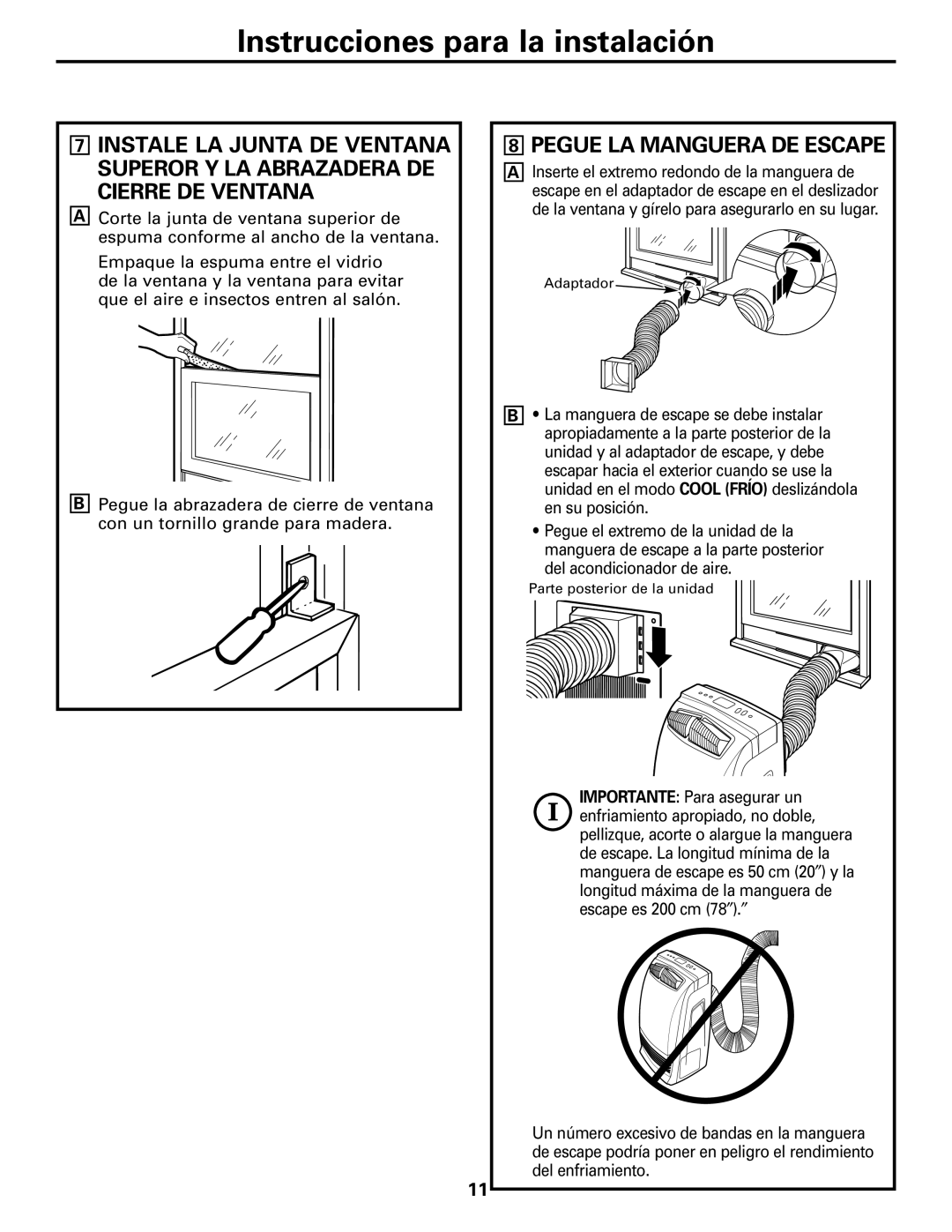 GE APE08 installation instructions Pegue LA Manguera DE Escape 