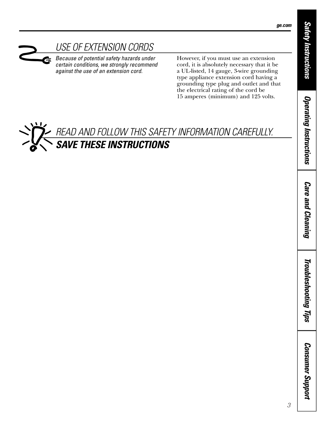 GE APE08 installation instructions USE of Extension Cords, Ge.com 