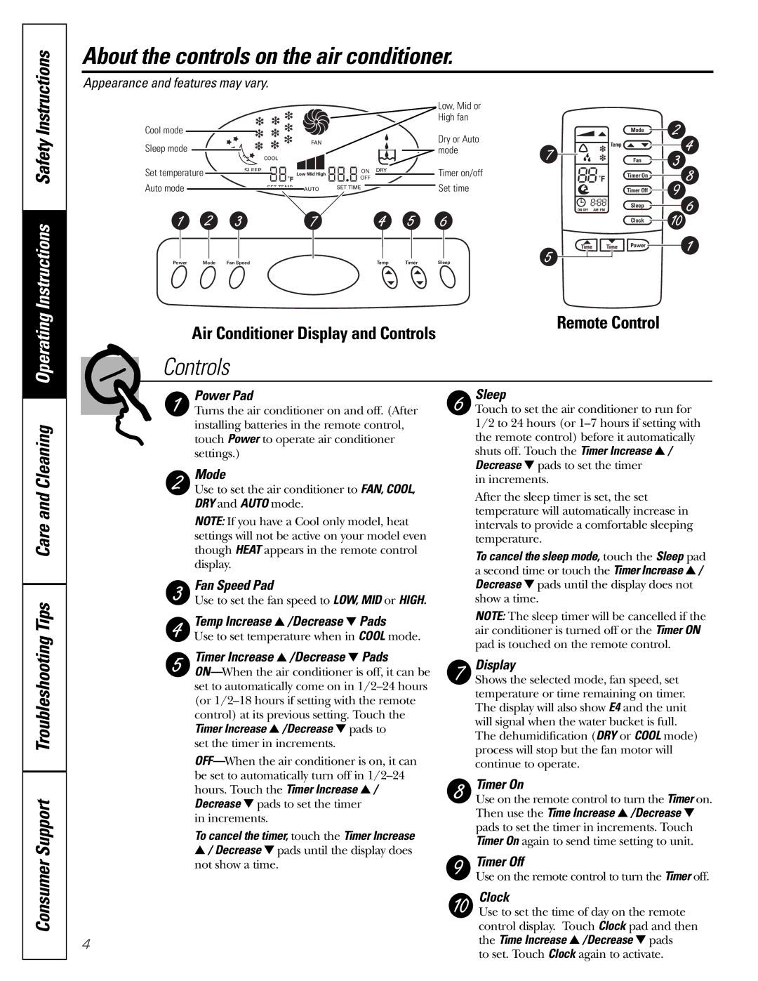 GE APE08 installation instructions About the controls on the air conditioner, Safety, Tips Care and Cleaning 