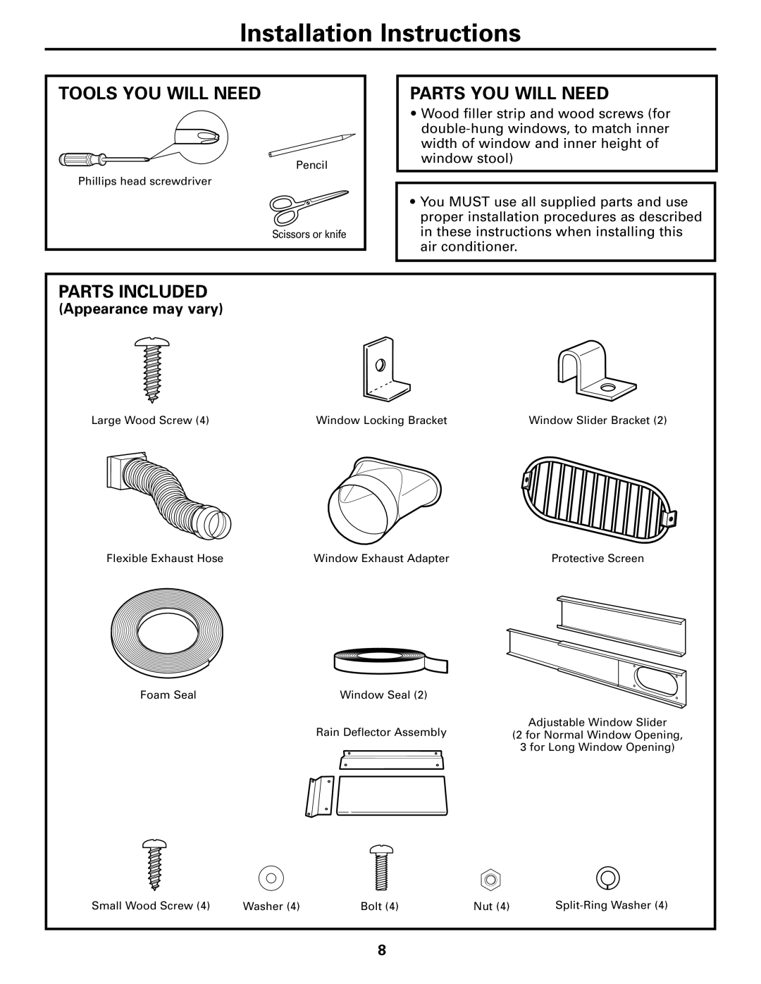 GE APE08 installation instructions Tools YOU will Need, Parts YOU will Need, Parts Included 