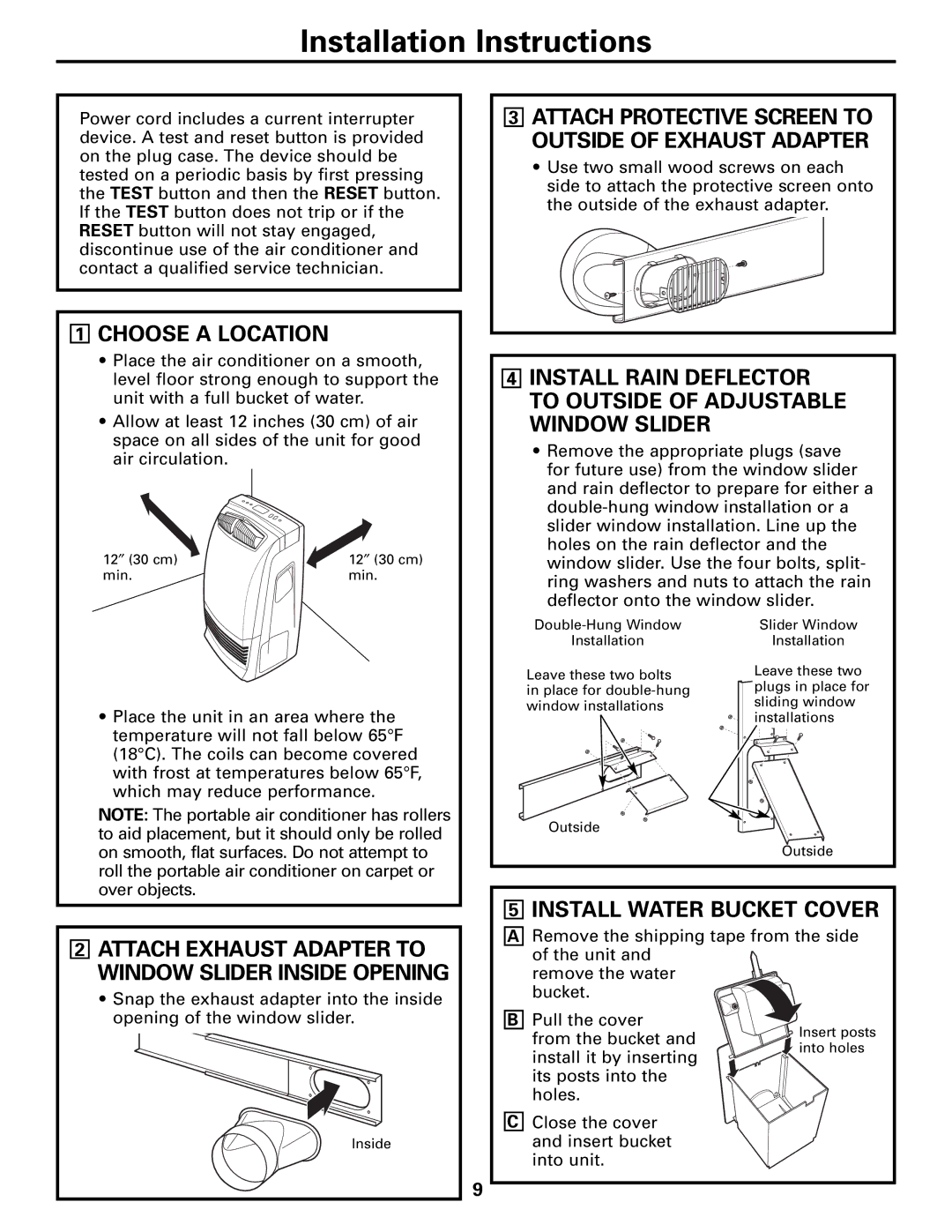GE APE08 Choose a Location, Install Water Bucket Cover, Attach Exhaust Adapter to Window Slider Inside Opening 