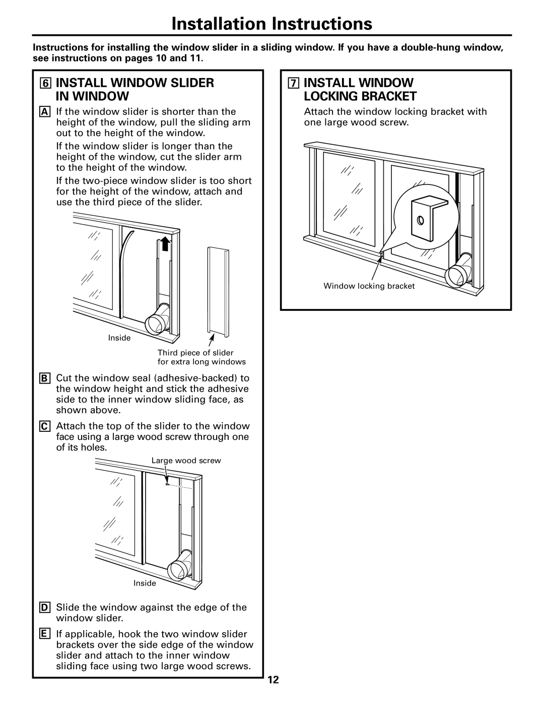 GE APE08 Installation Instructions, 6INSTALL WINDOW SLIDER IN WINDOW, 7INSTALL WINDOW LOCKING BRACKET, Inside 