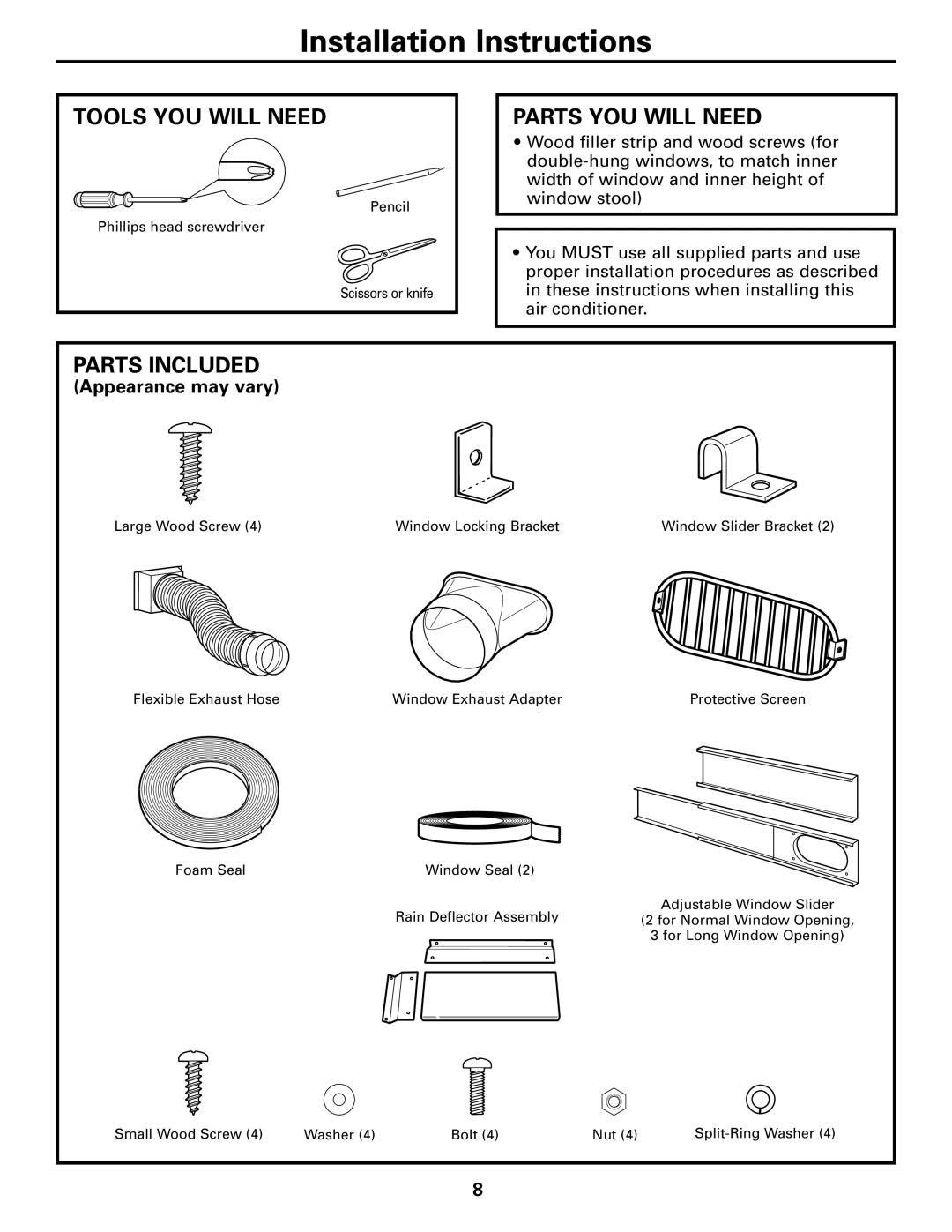 GE APE08 Installation Instructions, Tools You Will Need, Parts You Will Need, Parts Included, Appearance may vary 