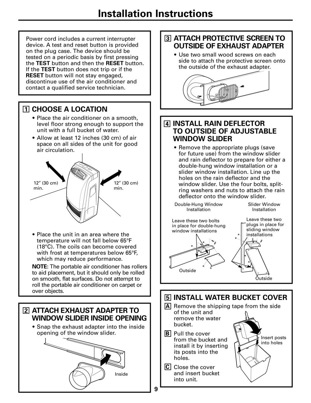 GE APE08 installation instructions 1CHOOSE A LOCATION, 5INSTALL WATER BUCKET COVER, Installation Instructions 