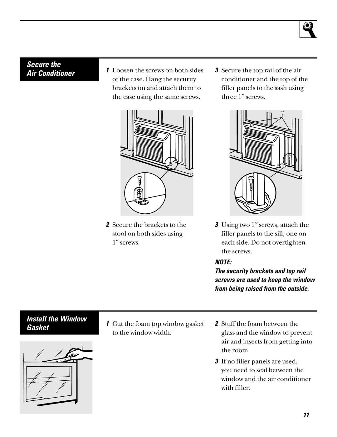 GE AQV06, AQV05 installation instructions Secure Air Conditioner, Install the Window Gasket 