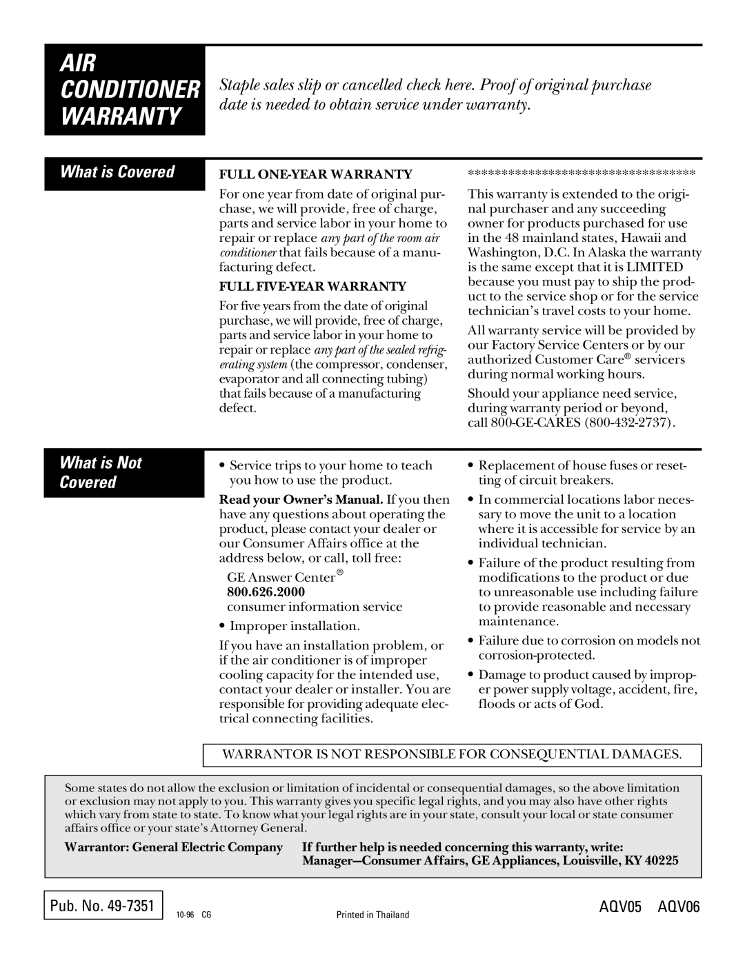 GE AQV05, AQV06 installation instructions What is Covered, What is Not Covered 