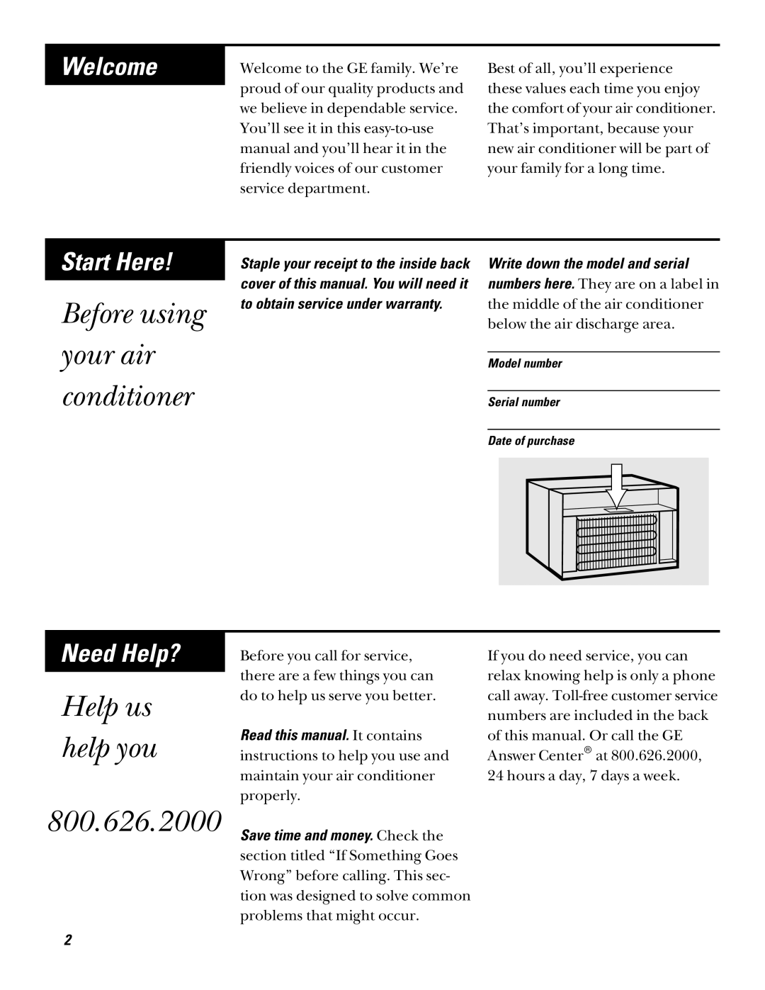 GE AQV05, AQV06 installation instructions Before using Your air Conditioner, 800.626.2000 