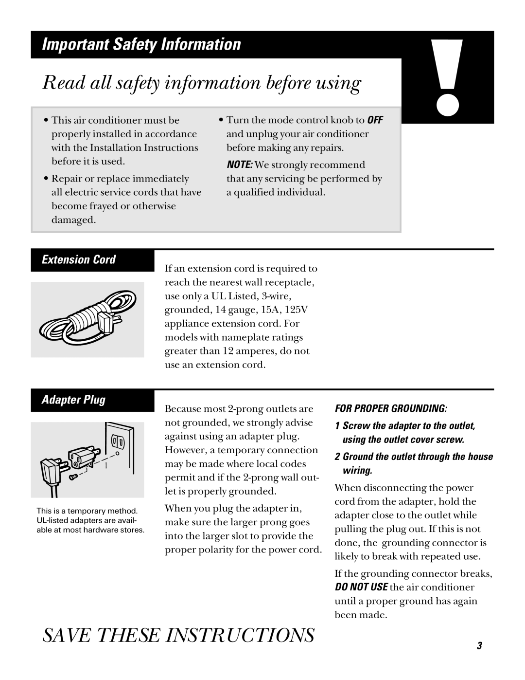 GE AQV06, AQV05 installation instructions Read all safety information before using, Extension Cord, Adapter Plug 