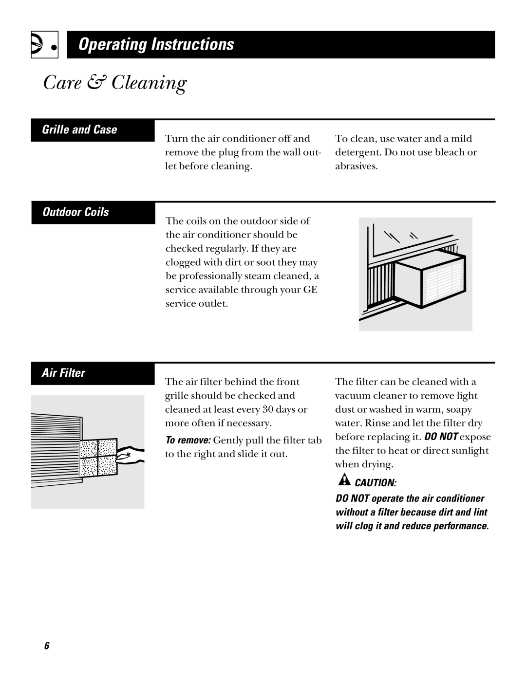 GE AQV05, AQV06 installation instructions Care & Cleaning, Grille and Case, Outdoor Coils, Air Filter 