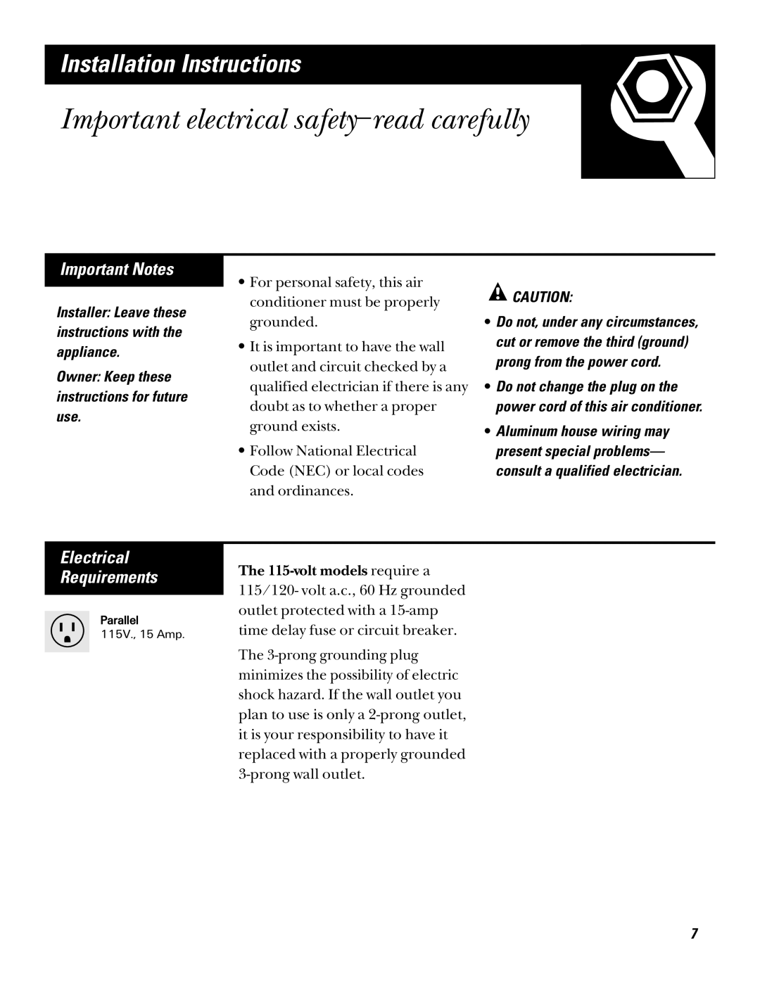 GE AQV06, AQV05 Important electrical safety-read carefully, Important Notes, Electrical Requirements 