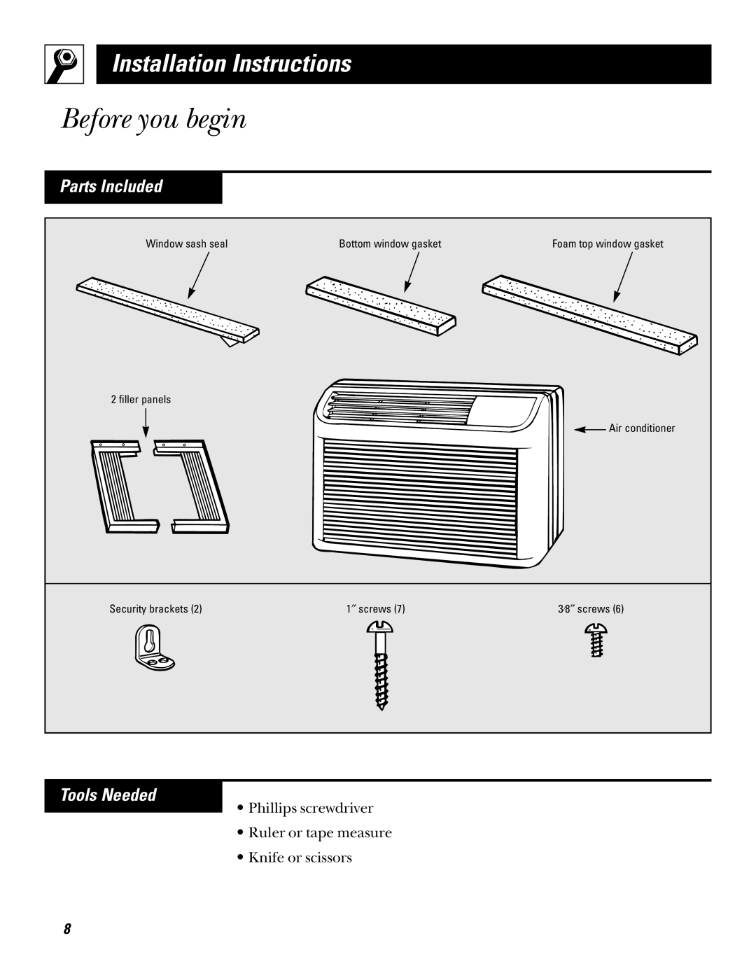 GE AQV05, AQV06 installation instructions Before you begin, Parts Included, Tools Needed 