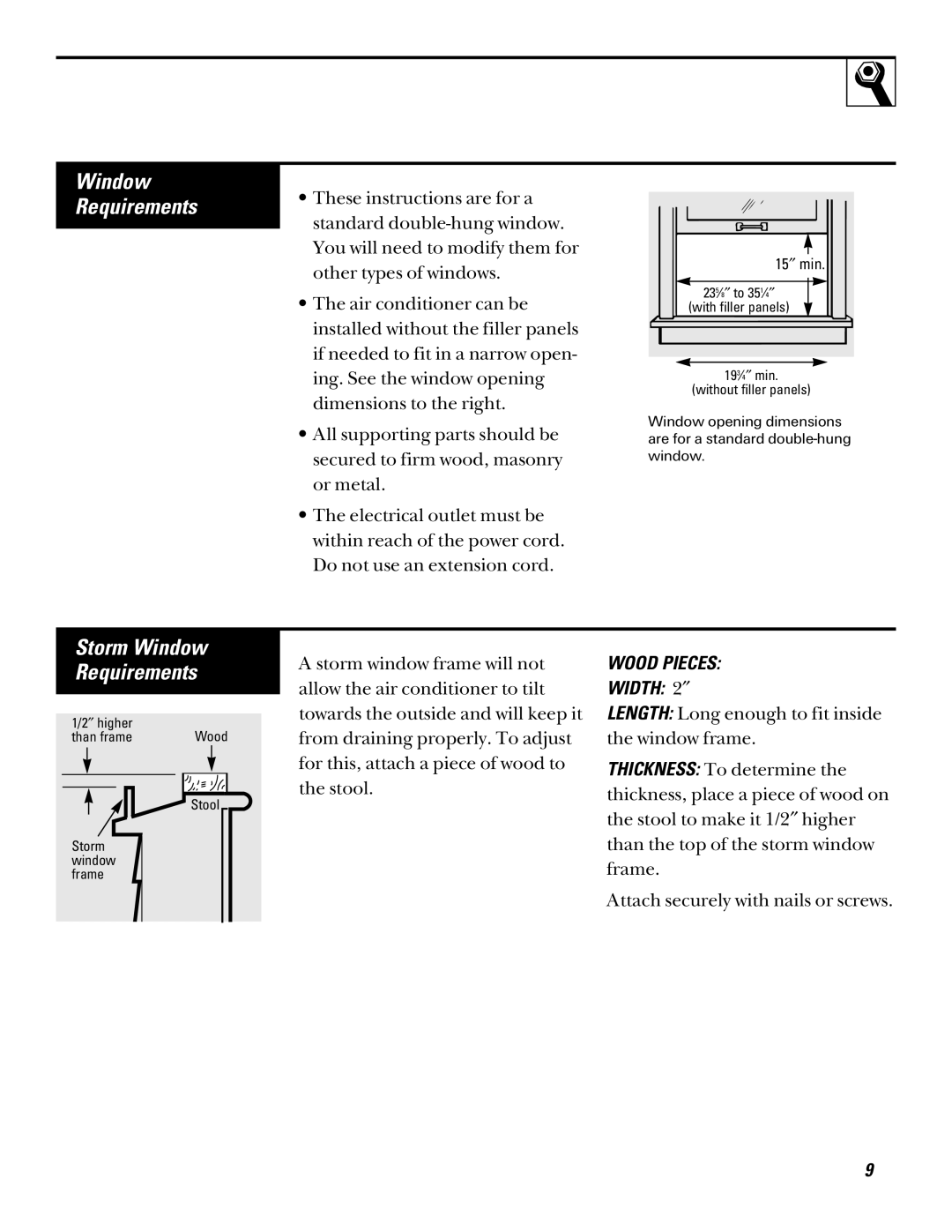 GE AQV06, AQV05 installation instructions Storm Window Requirements 