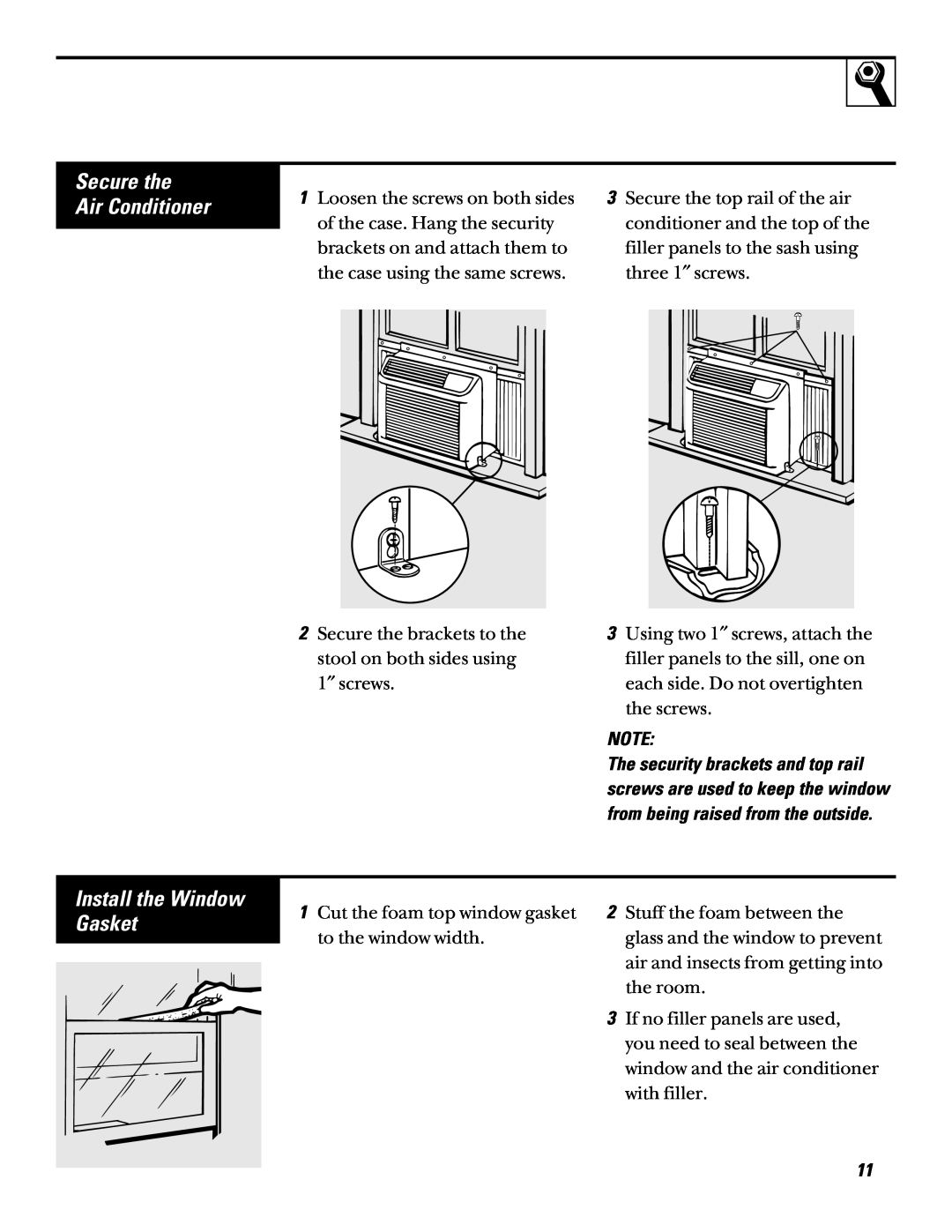 GE AQV06, AQV05 installation instructions Secure the Air Conditioner, Install the Window Gasket 