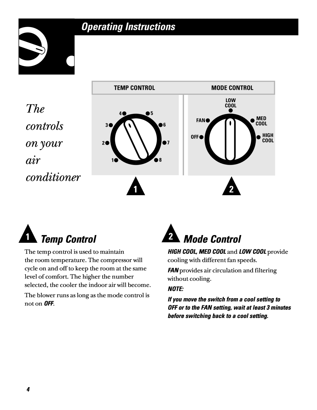 GE AQV05, AQV06 The controls on your, air conditioner, Operating Instructions, 1Temp Control, 2Mode Control 