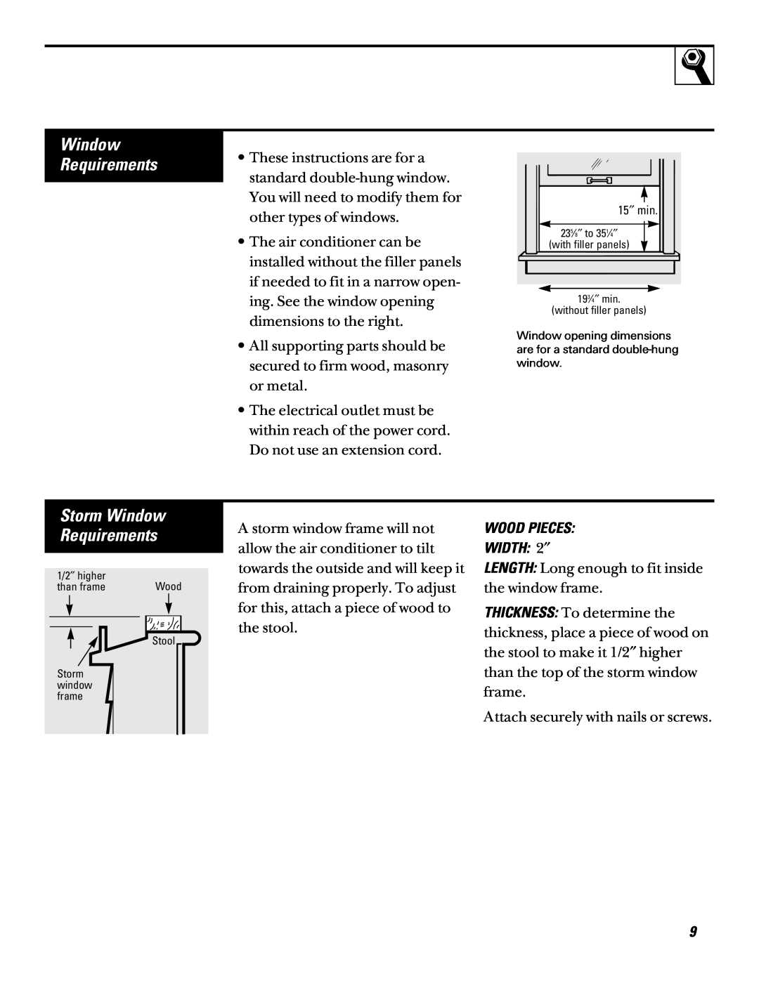 GE AQV06, AQV05 installation instructions Storm Window Requirements, WOOD PIECES WIDTH 2″ 