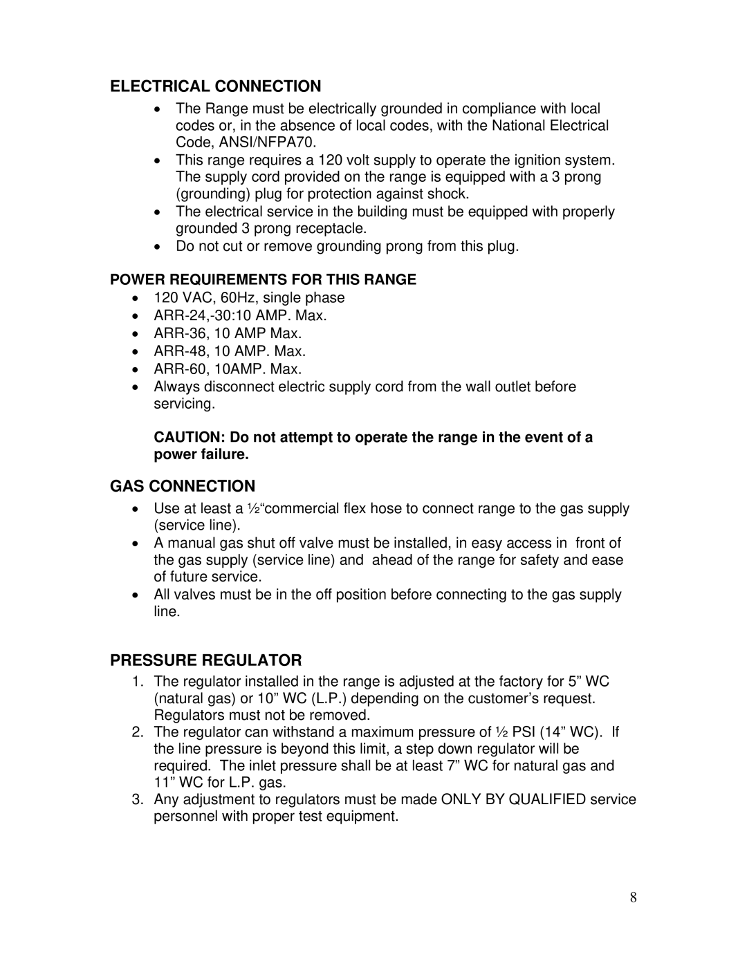 GE ARR-304, ARR-6062GD, ARR-GR Electrical Connection, GAS Connection, Pressure Regulator, Power Requirements for this Range 