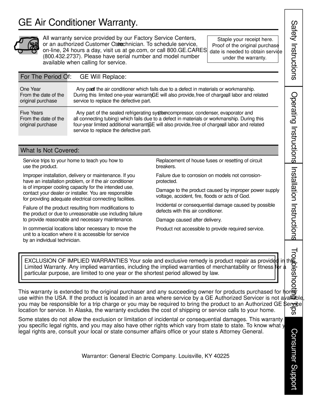 GE ASD06* operating instructions GE Air Conditioner Warranty, GE Will Replace, What Is Not Covered 