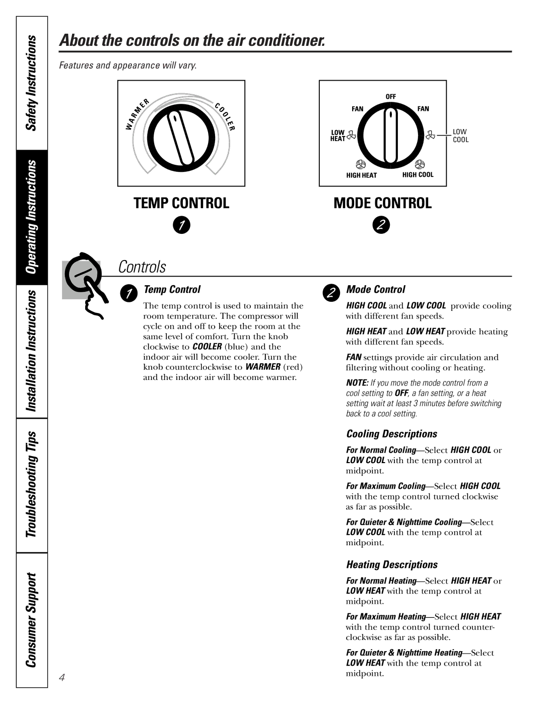 GE ASD06* About the controls on the air conditioner, Temp Control, Mode Control, Cooling Descriptions 