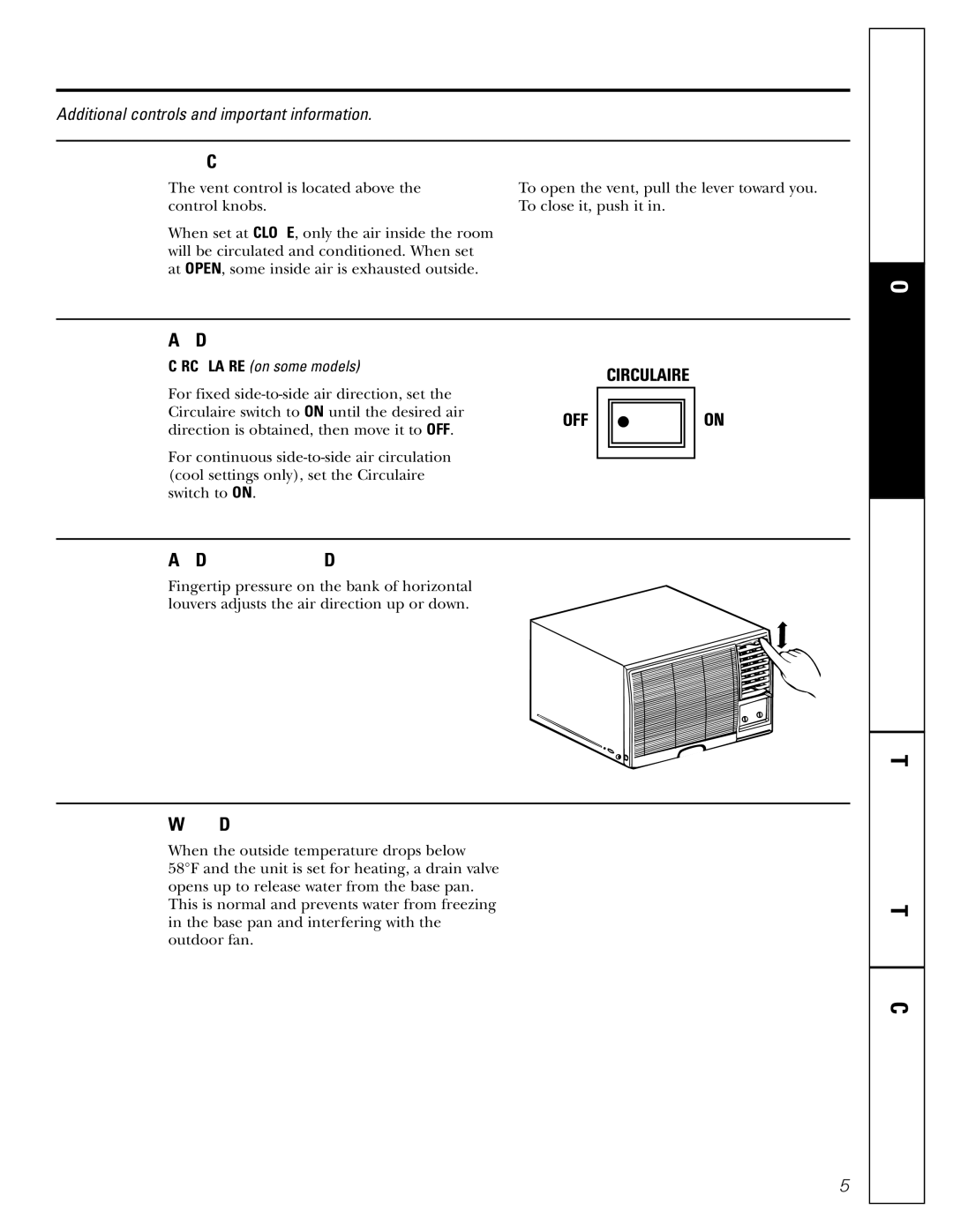 GE ASD06* operating instructions Vent Control, Air Direction-Side-to-Side, Air Direction-Up and Down, Water Drain Valve 