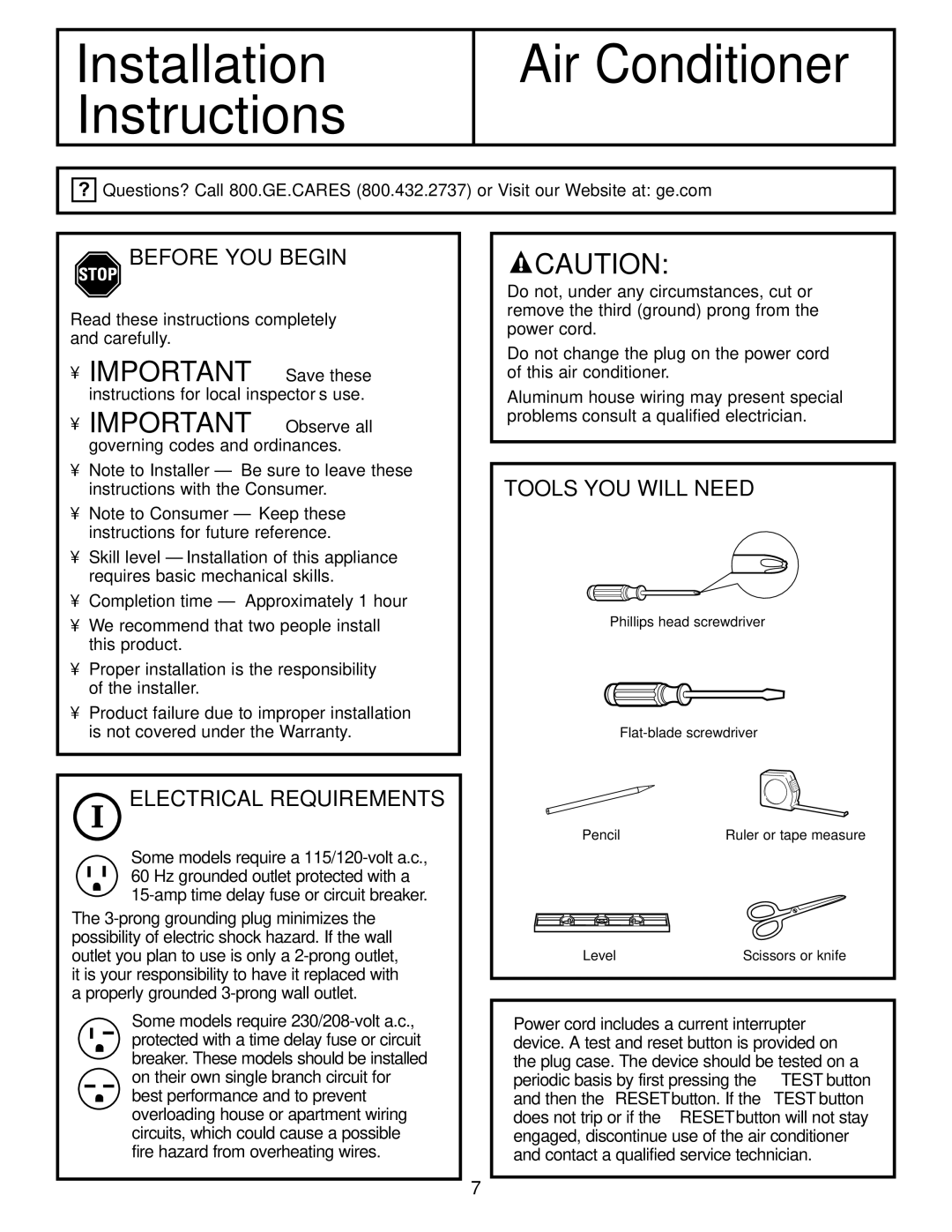 GE ASD06* operating instructions Before YOU Begin, Electrical Requirements, Tools YOU will Need 