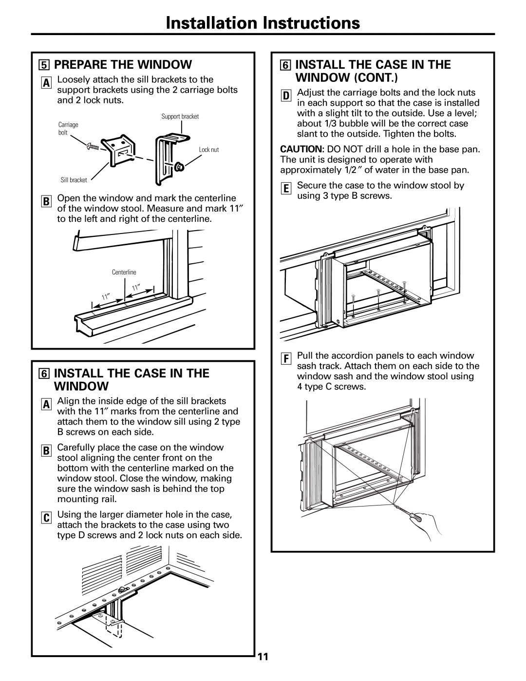 GE ASD06* operating instructions 5PREPARE THE WINDOW, 6INSTALL THE CASE IN THE WINDOW CONT, Installation Instructions 