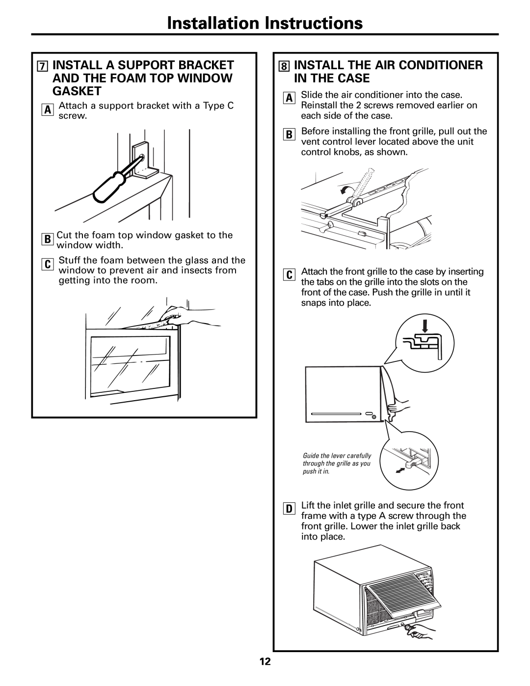 GE ASD06* operating instructions 8INSTALL THE AIR CONDITIONER IN THE CASE, Installation Instructions 
