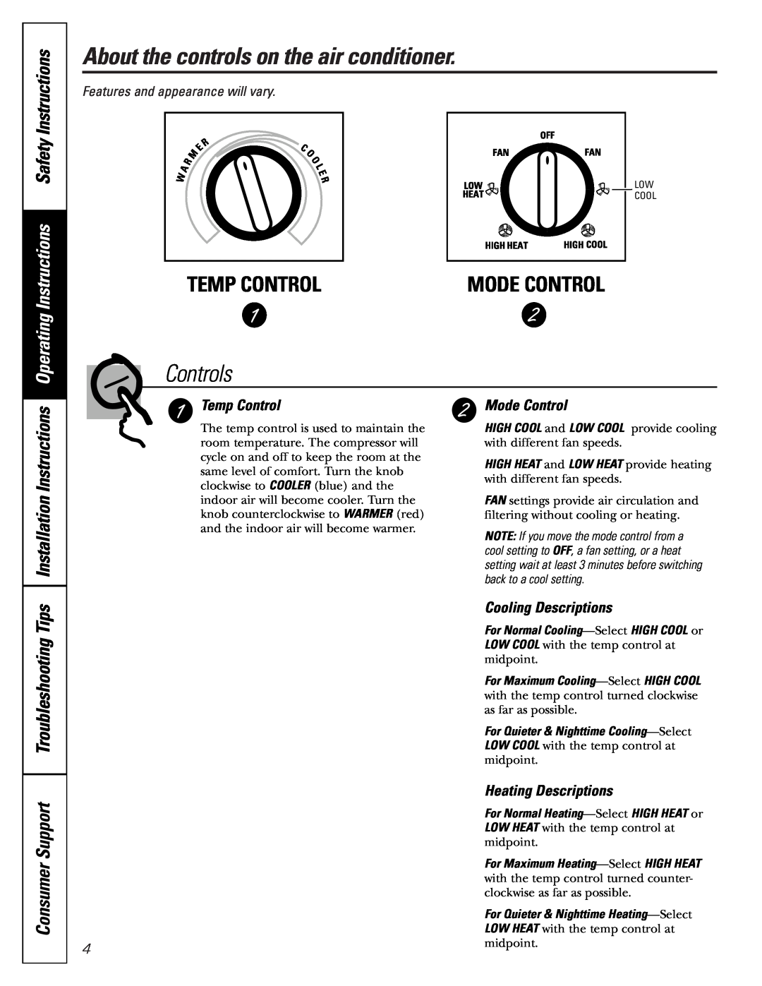 GE ASD06* About the controls on the air conditioner, Controls, Operating Instructions Safety Instructions, Temp Control 