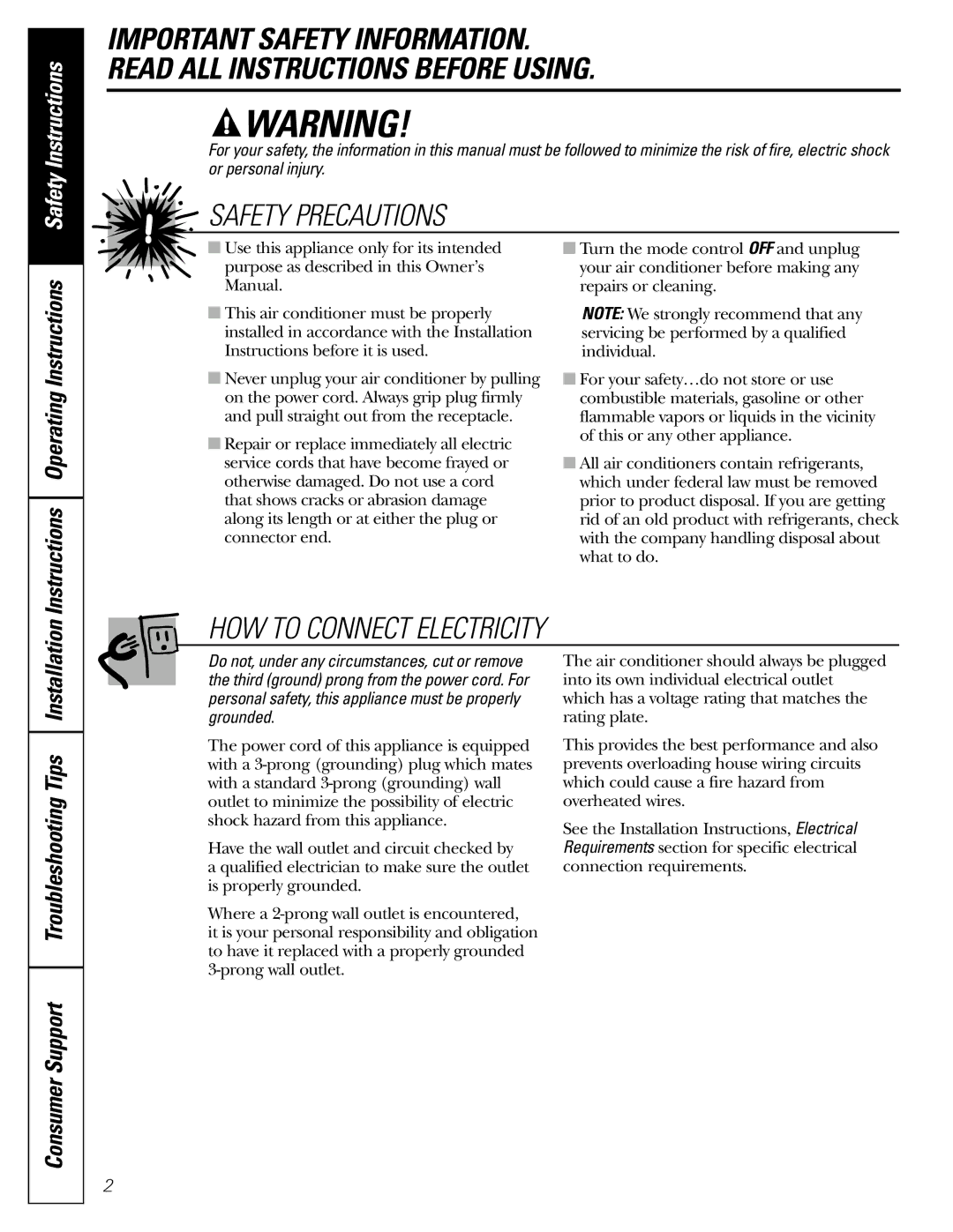 GE ASH12, ASH10 installation instructions Safety Precautions 