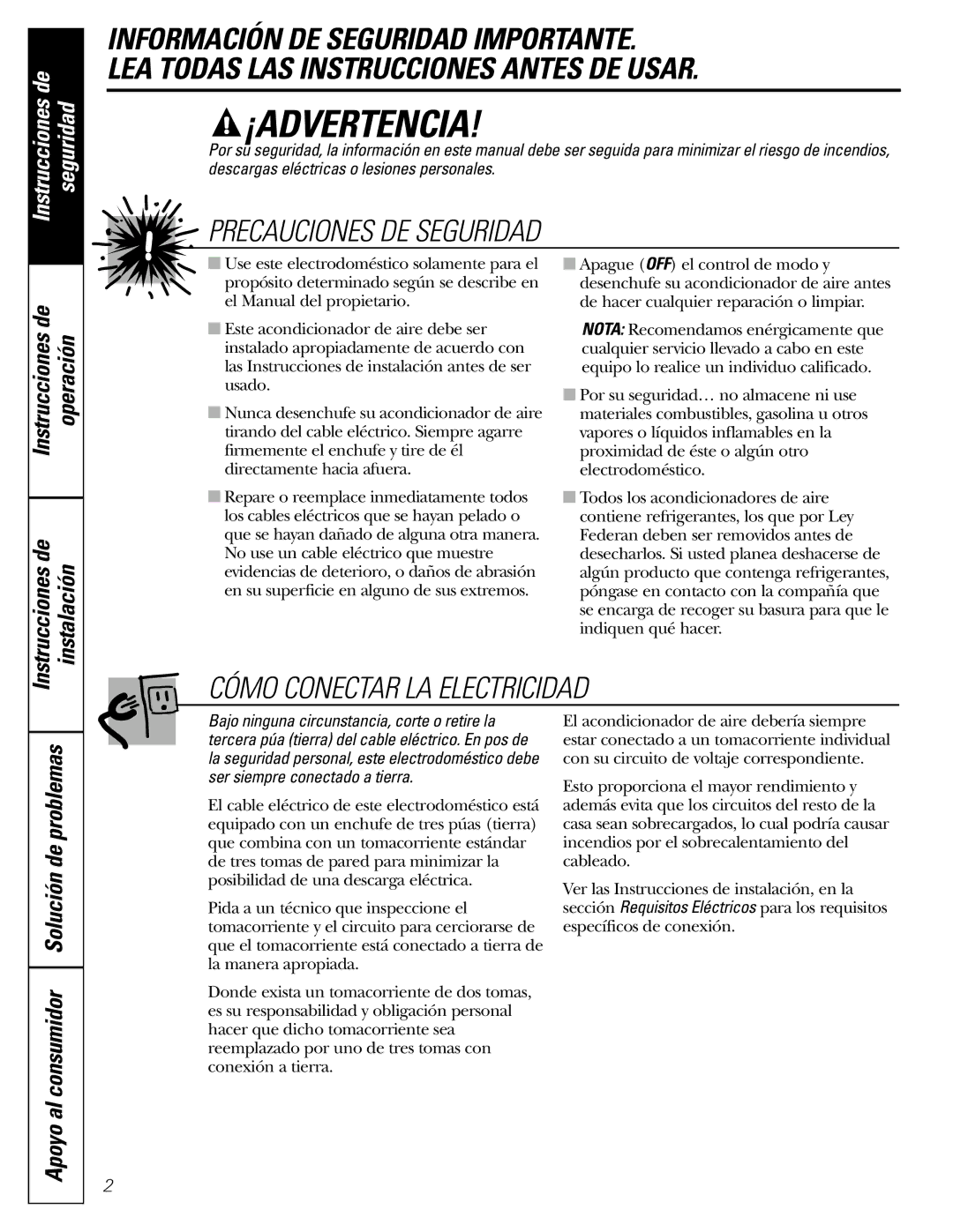 GE ASH12, ASH10 installation instructions ¡Advertencia, Instrucciones de Operación 