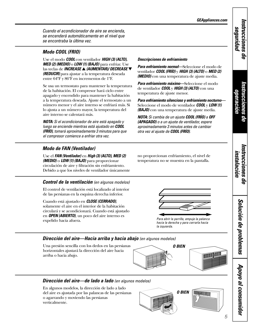 GE ASH10, ASH12 Solución de, Modo Cool Frio, Modo de FAN Ventilador, Dirección del aire-de lado a lado en algunos modelos 