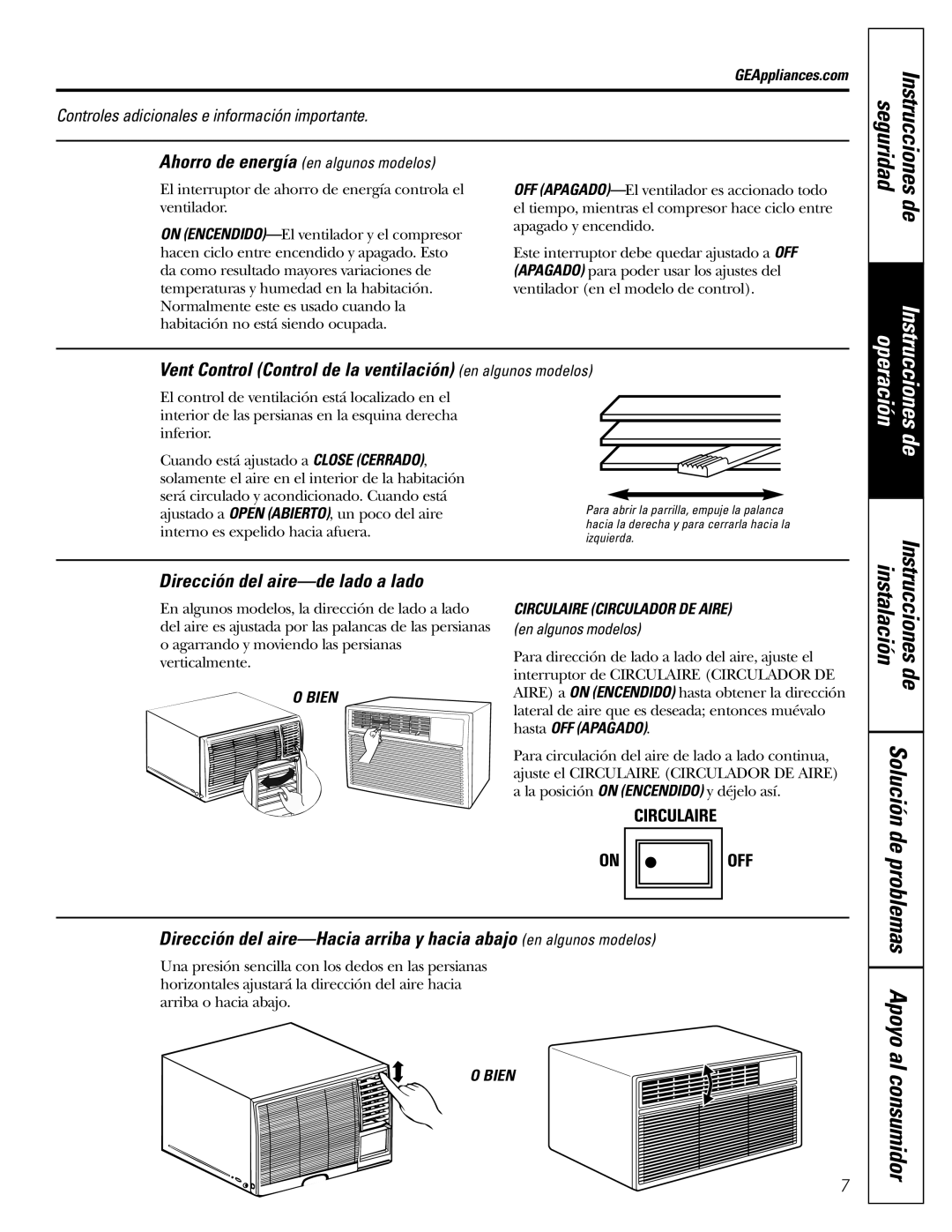 GE ASH10, ASH12 Vent Control Control de la ventilación en algunos modelos, Dirección del aire-de lado a lado 