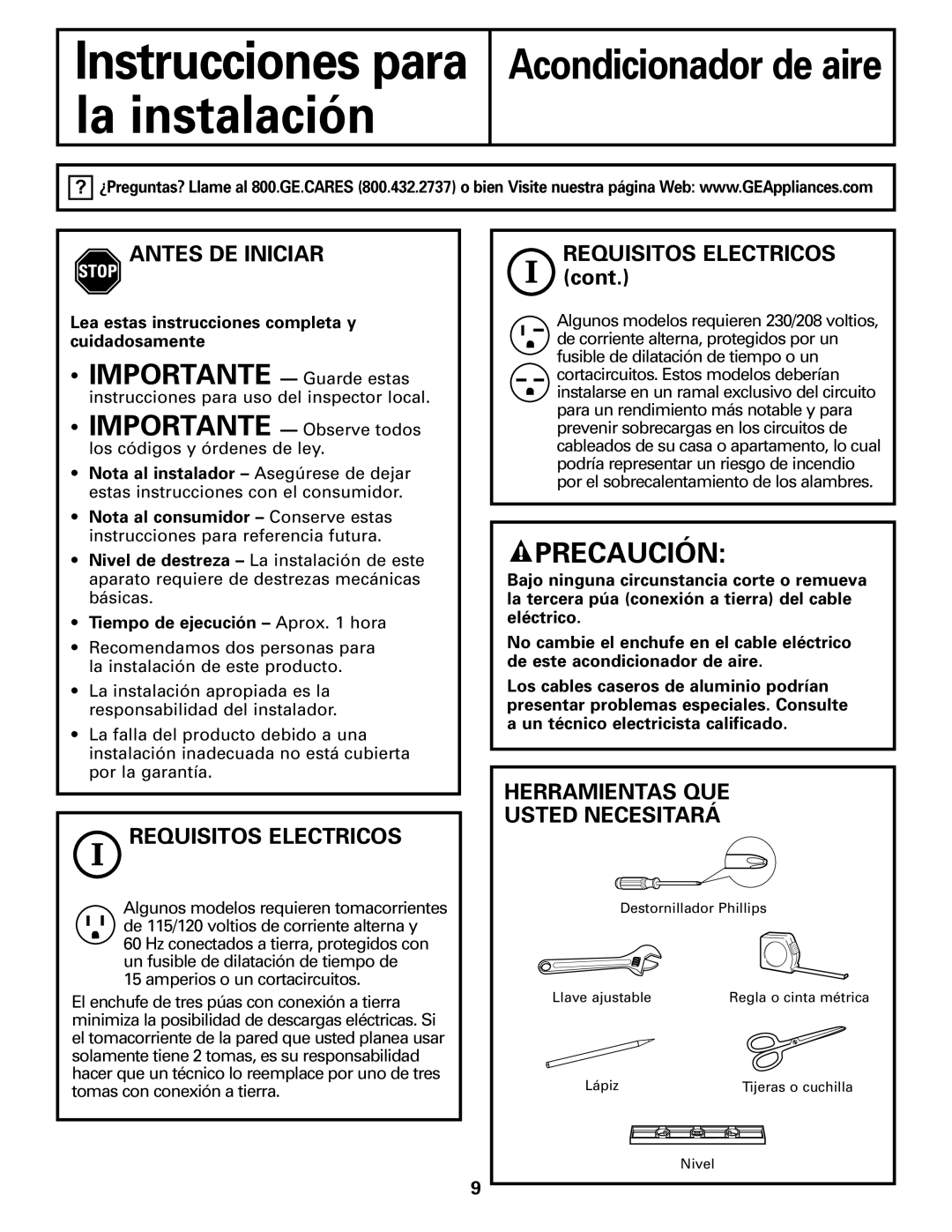 GE ASH10, ASH12 installation instructions Antes DE Iniciar, Requisitos Electricos, Herramientas QUE Usted Necesitará 