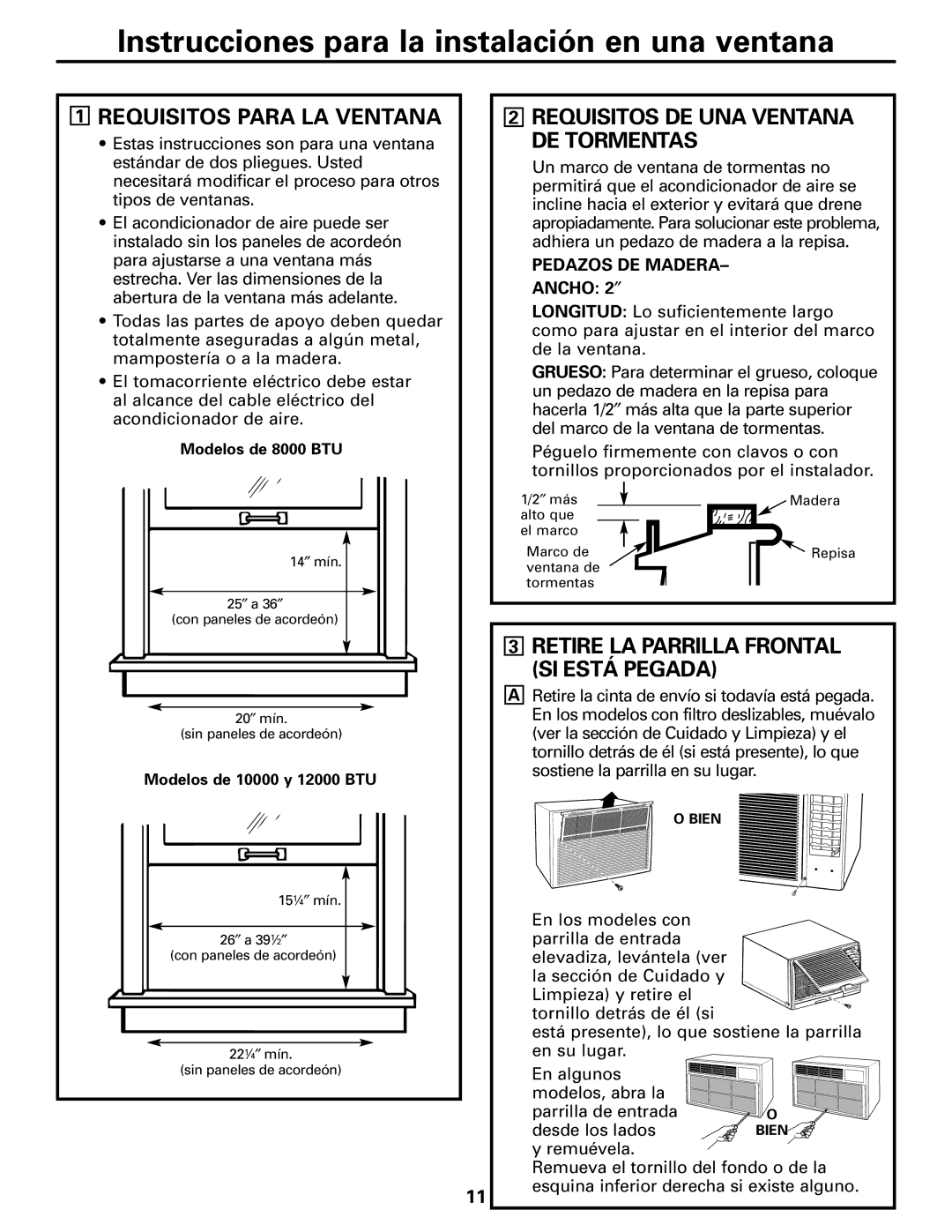 GE ASH10 Requisitos Para LA Ventana, Requisitos DE UNA Ventana DE Tormentas, Retire LA Parrilla Frontal SI Está Pegada 