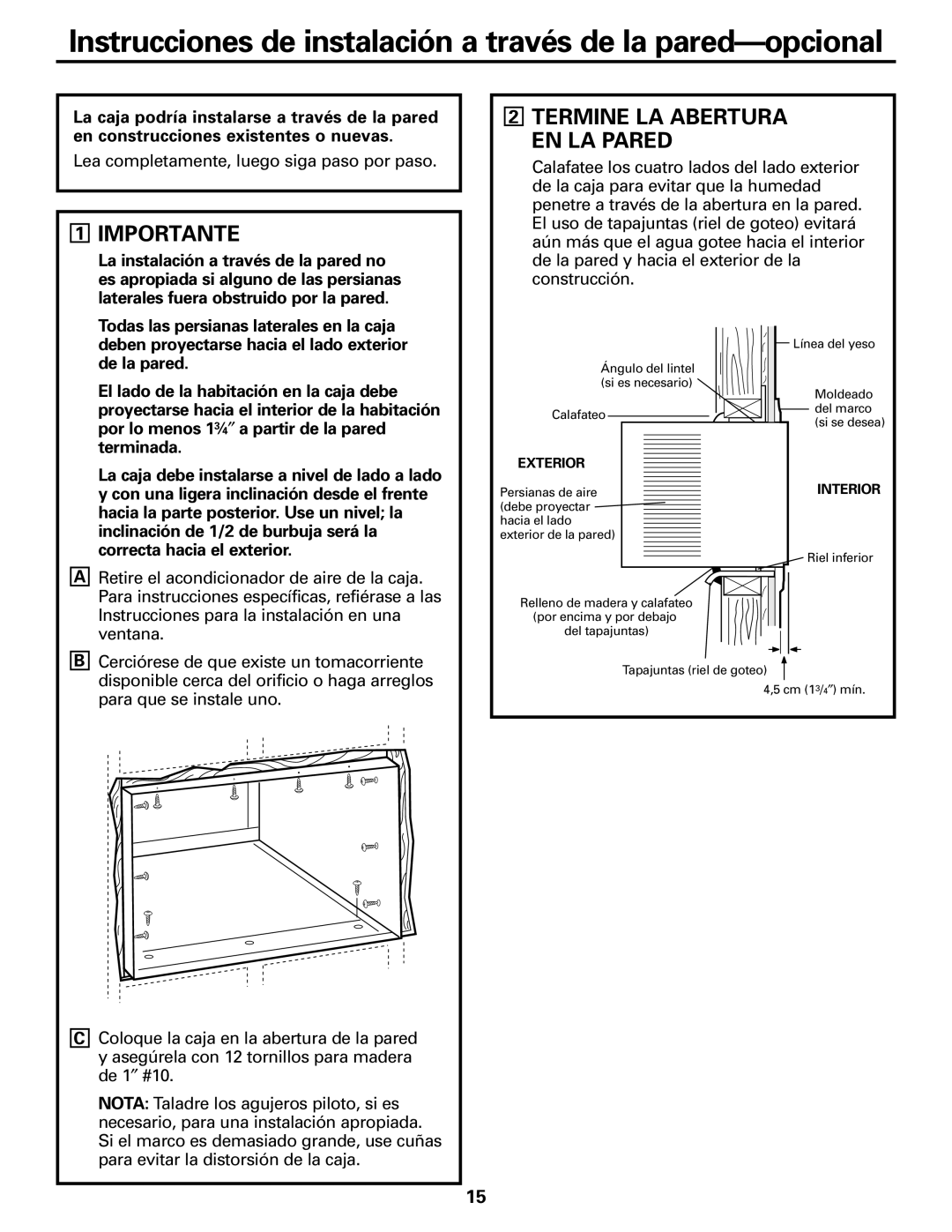 GE ASH10, ASH12 installation instructions Importante, Termine LA Abertura EN LA Pared 