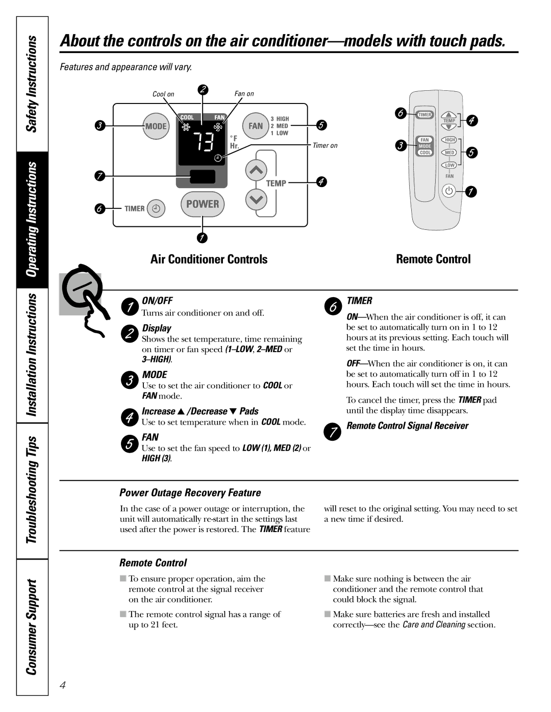 GE ASH12, ASH10 installation instructions Power Outage Recovery Feature, Remote Control 