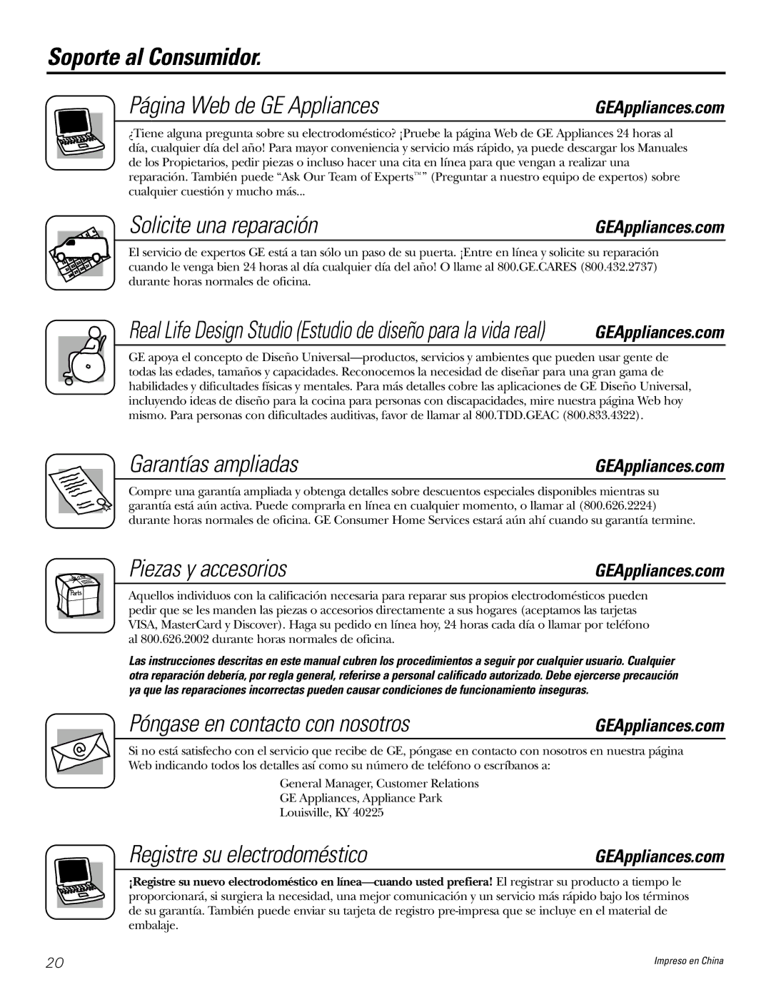 GE ASH12, ASH10 Soporte al Consumidor Página Web de GE Appliances, Solicite una reparación, Garantías ampliadas 