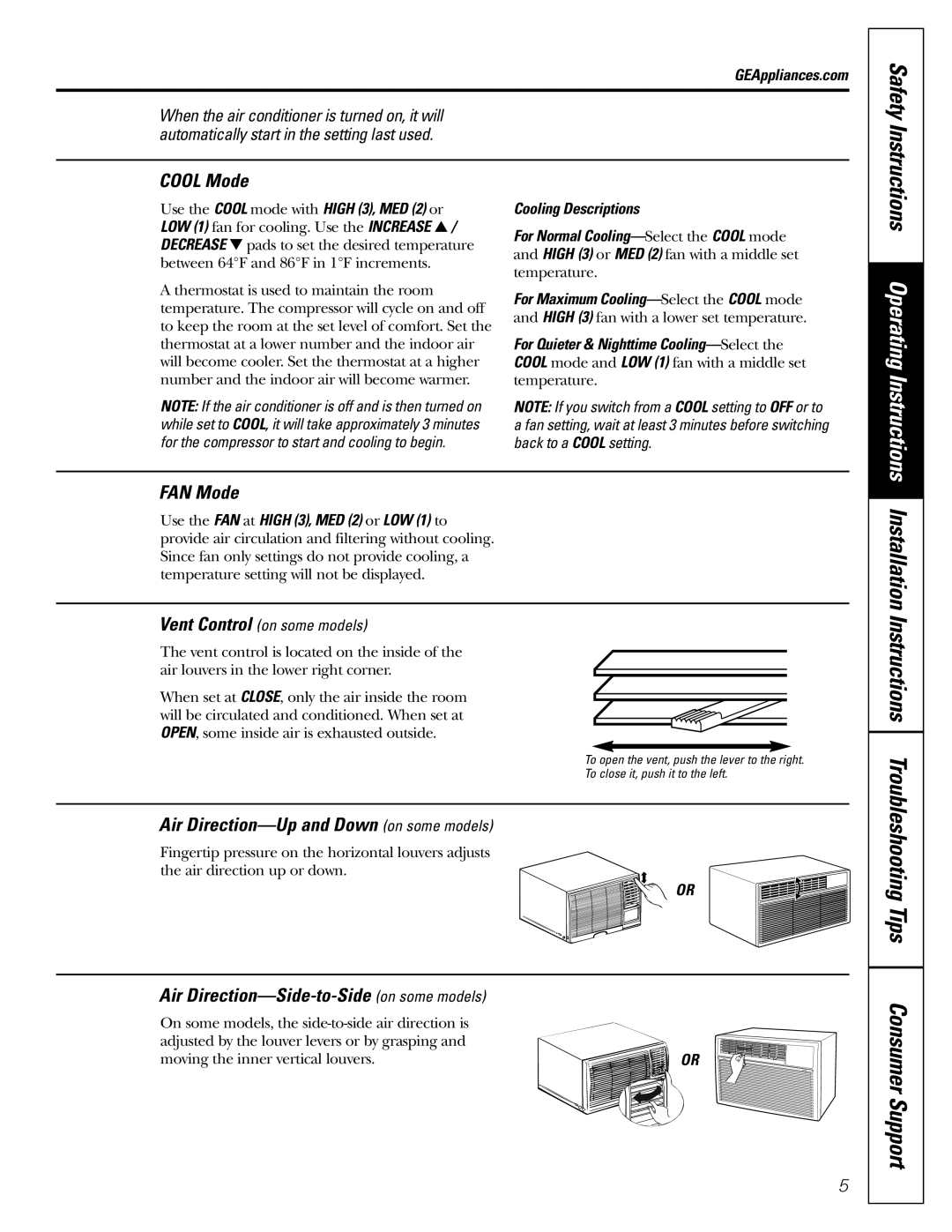 GE ASH10 Safety, Cool Mode, FAN Mode, Air Direction-Up and Down on some models, Air Direction-Side-to-Side on some models 