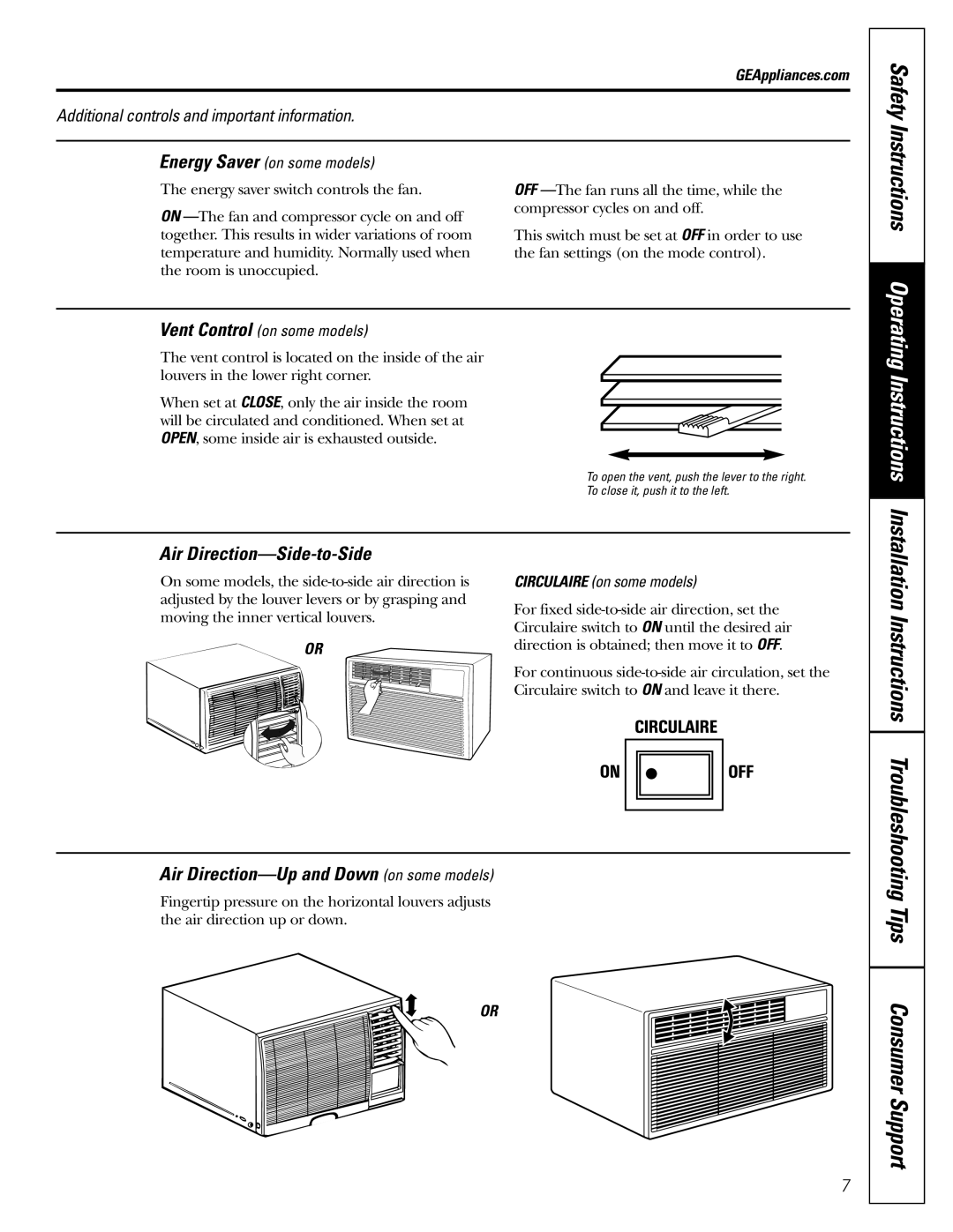 GE ASH10, ASH12 installation instructions Tips Consumer Support, Air Direction-Side-to-Side 